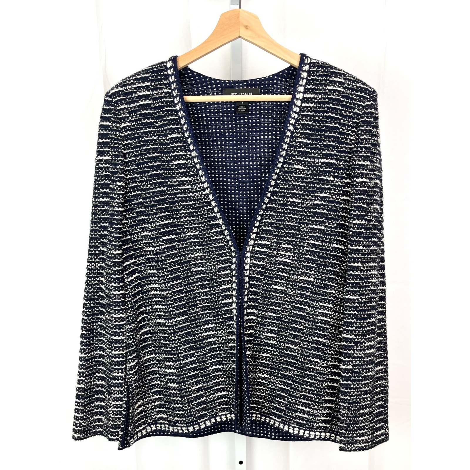 ST. JOHN Tweed Textured Jacket Cardigan Sweater Navy Blue White Size 8
