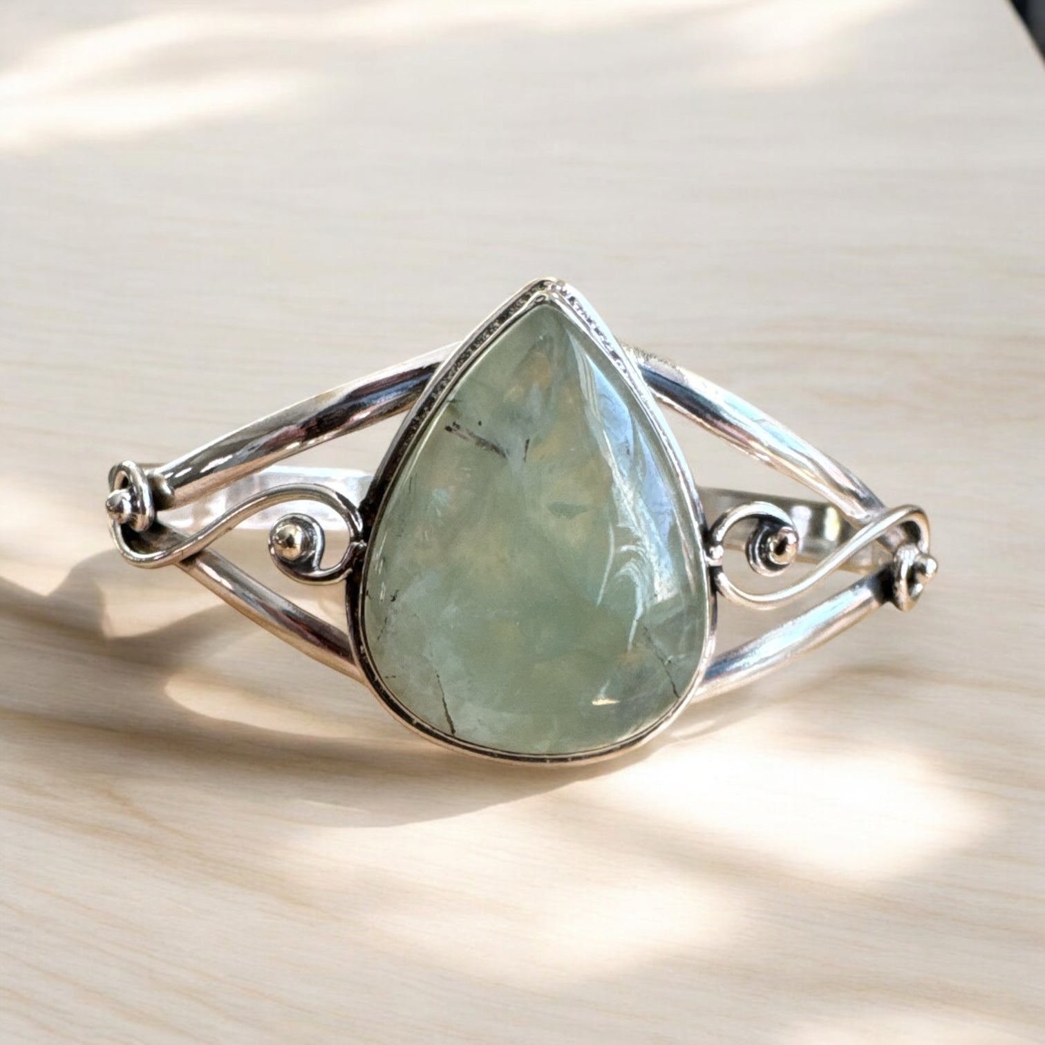Prehnite Solid 925 Sterling Silver Cuff Bracelet