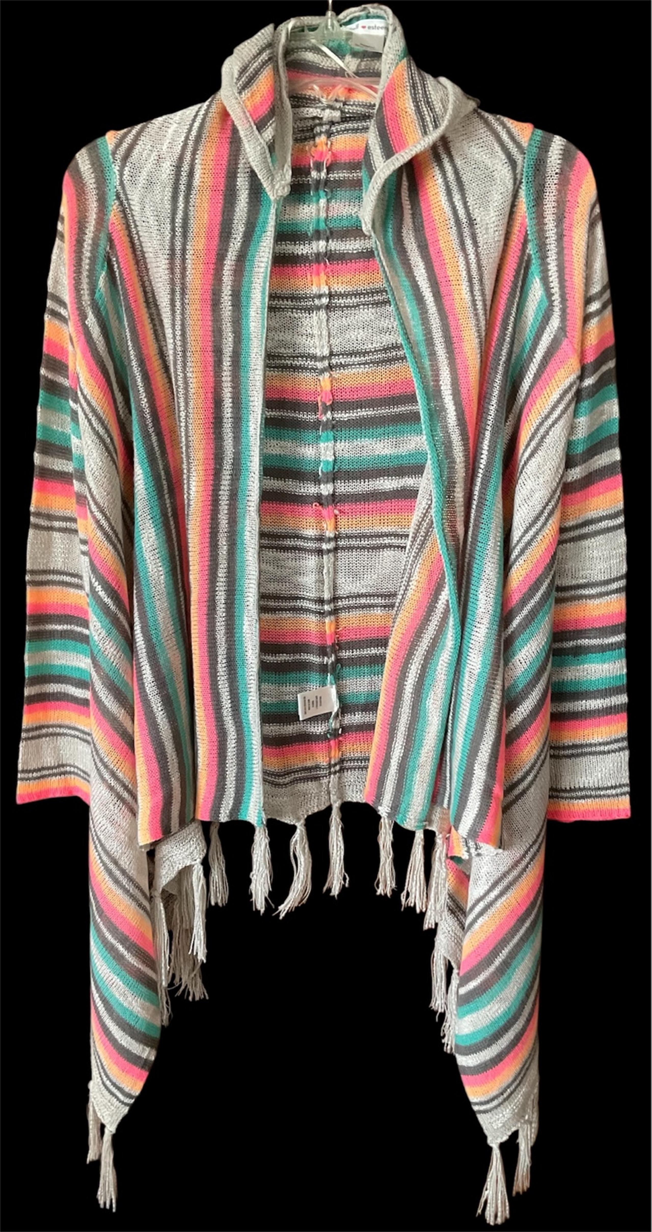 Self Esteem Sweater/Fringe/Hood Womens  Striped/Colors-L Sleeve OPEN WEAVE KNIT