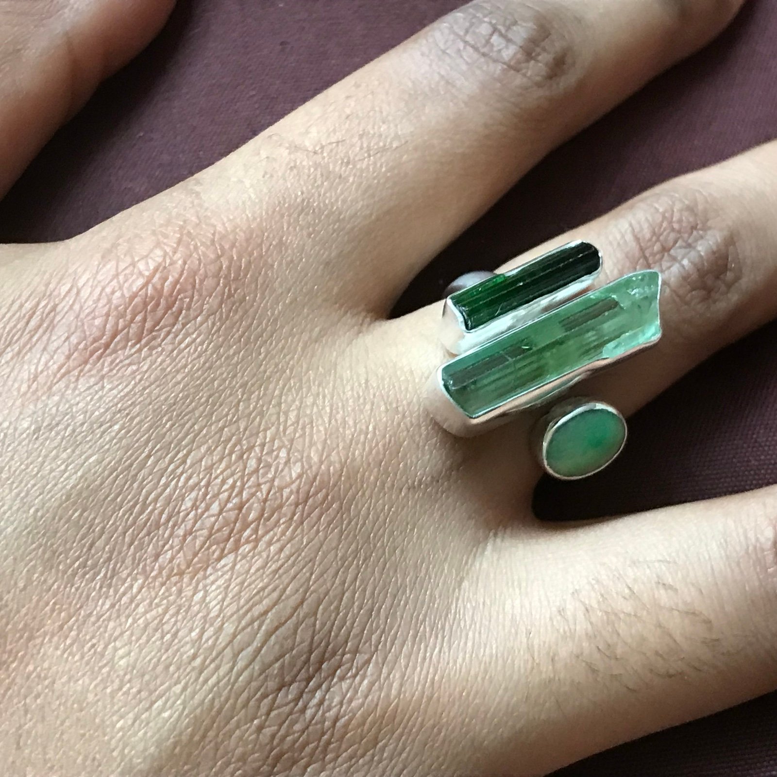 Sterling Silver Jade & Tourmaline Ring Size 7