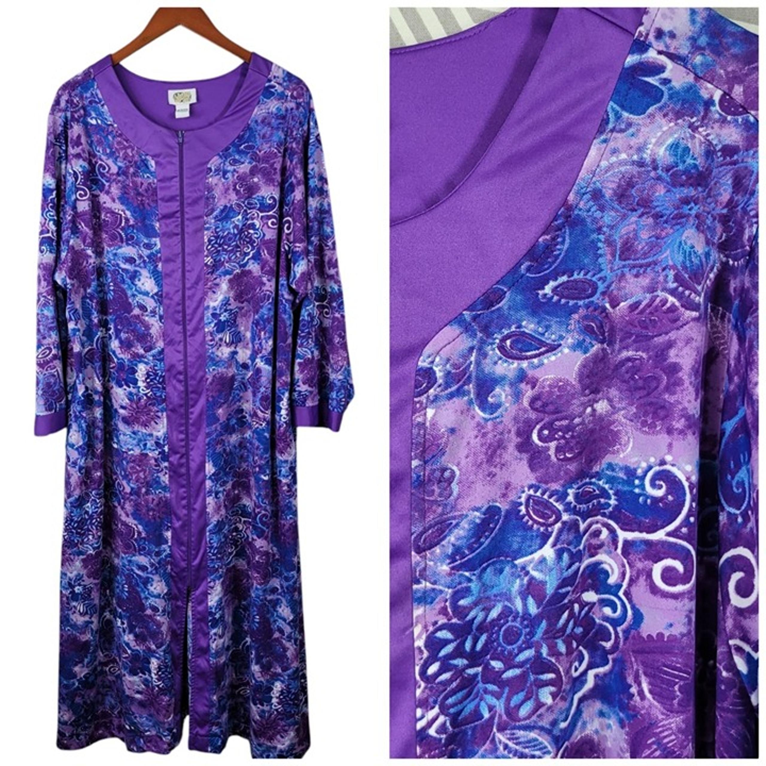 Housecoat Robe Size XXL Kaftan Floral Tie Dye Long House Dress Purple Blue Vtg