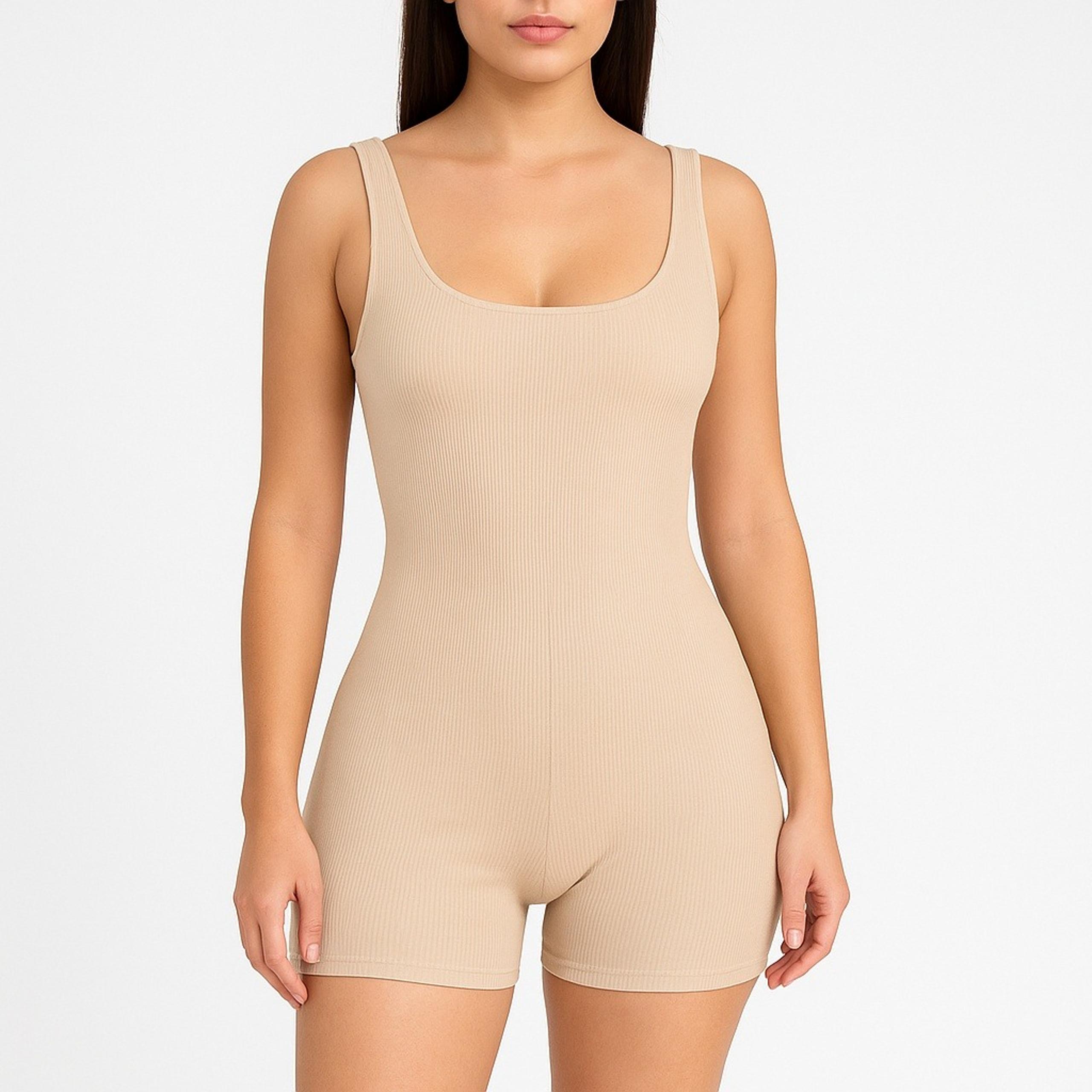 Naked Wardrobe Womens Romper Size Small Beige Ribbed Scoop Neck Fitted Minimal
