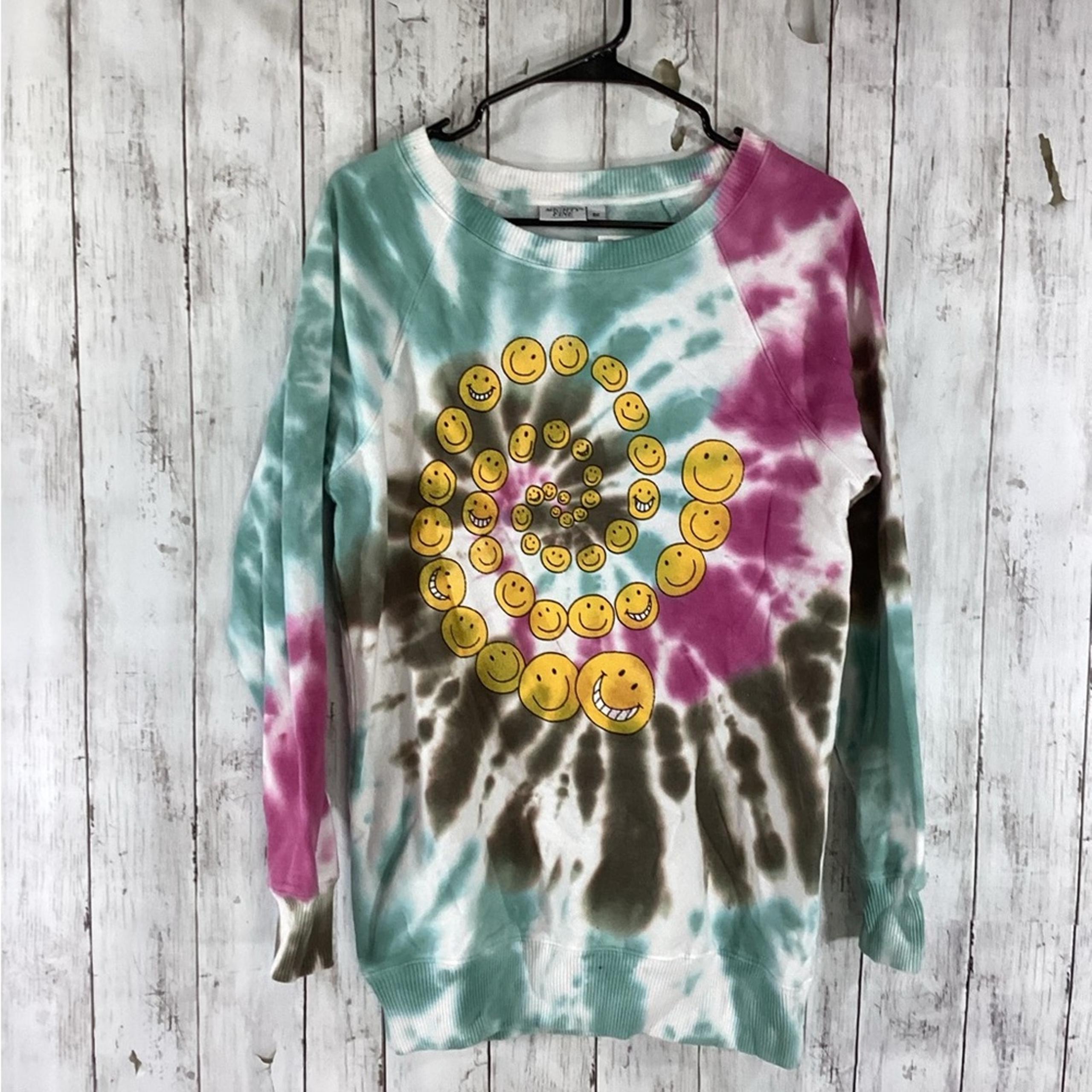 mighty fine sweatshirt womens small hippie pink tie dye graphic Happy Faces New