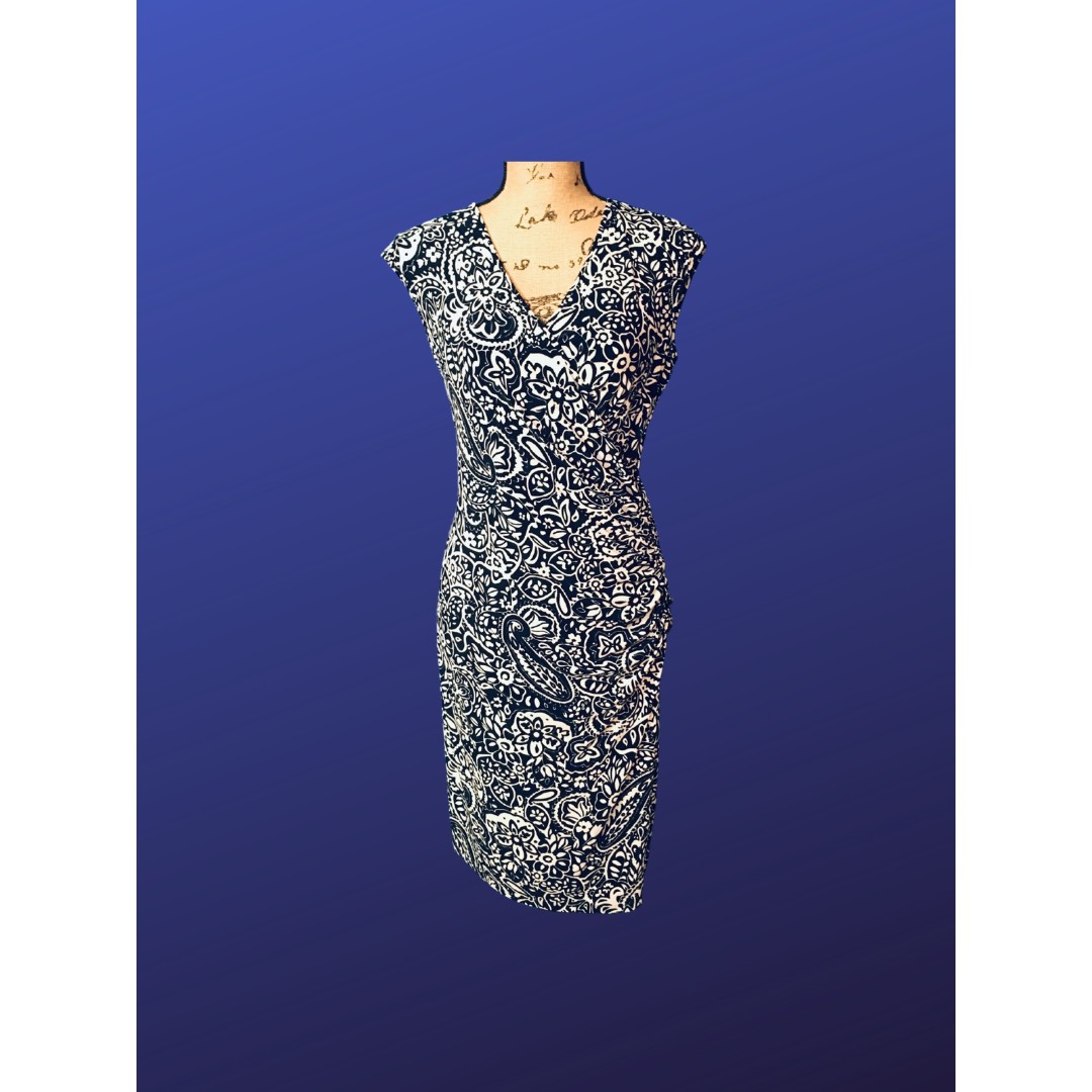 CHAPS by RALPH LAUREN Surplice Wrap Dress, CAP SLEEVE, Navy/White, Size S, NWOT