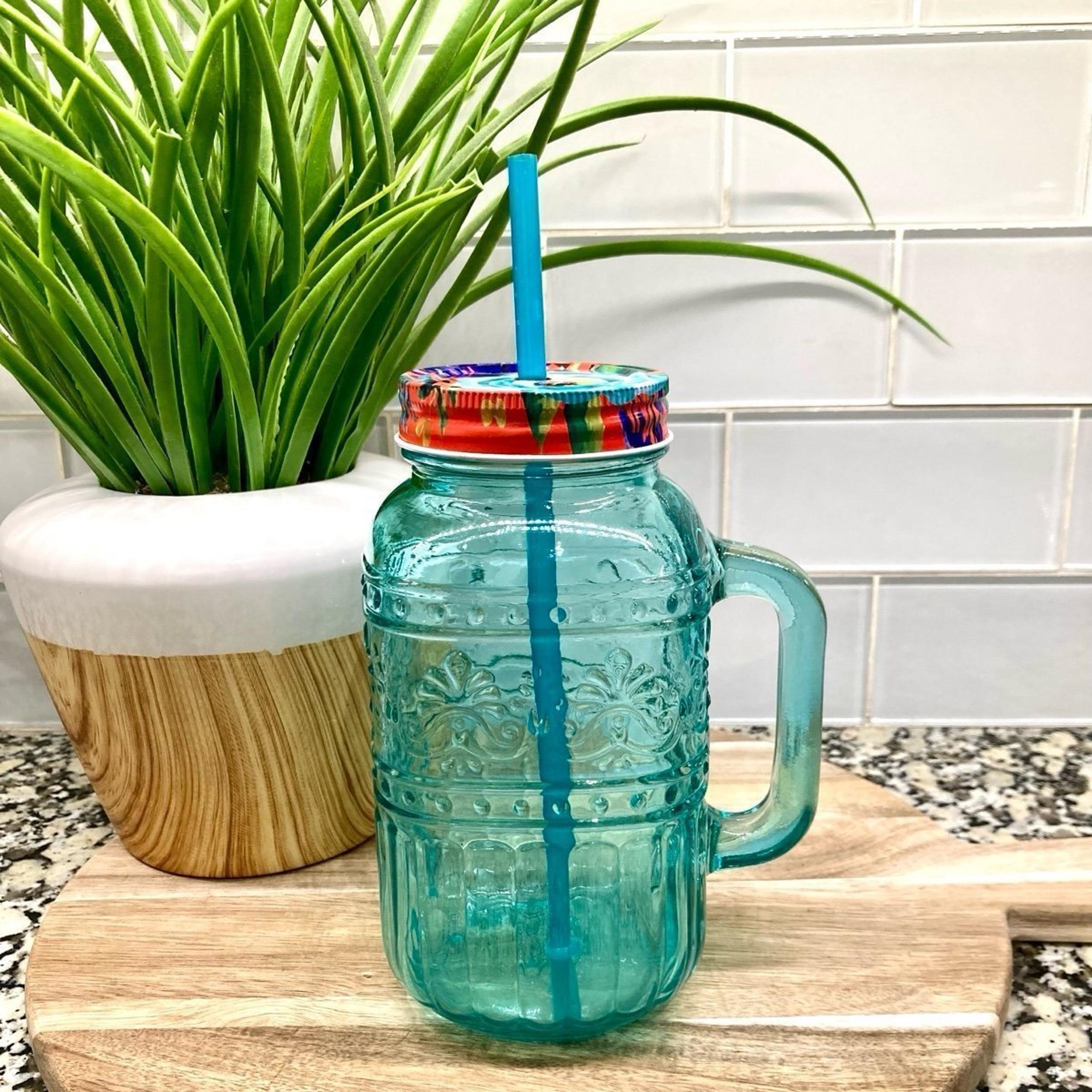Pioneer Woman Mason Jar Drinking Tumbler with Handle, Teal