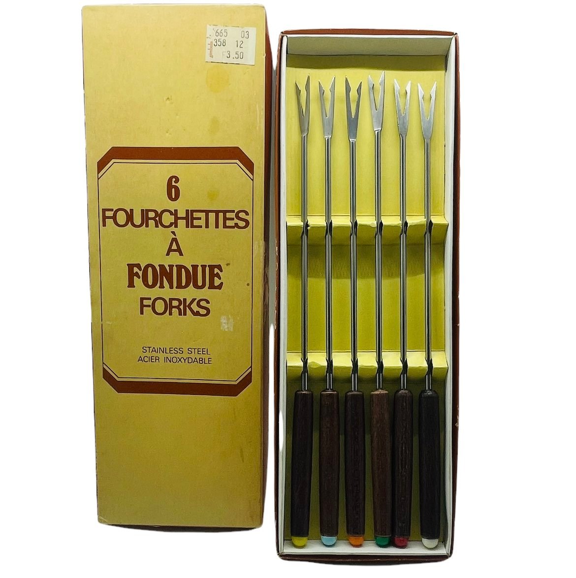 Vintage Fondue Forks Original Box Stainless Steel Wood Colored Ends Set of 12