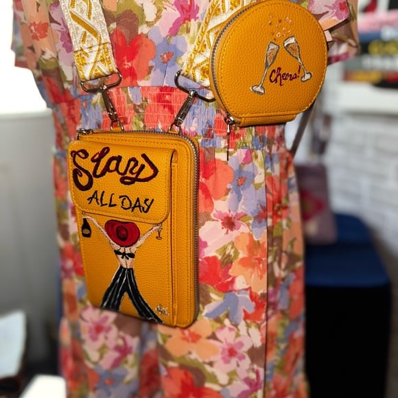 New Crossbody Bag Cell Phone wallet Hand painted “Slay All Day” Vibrant Yell