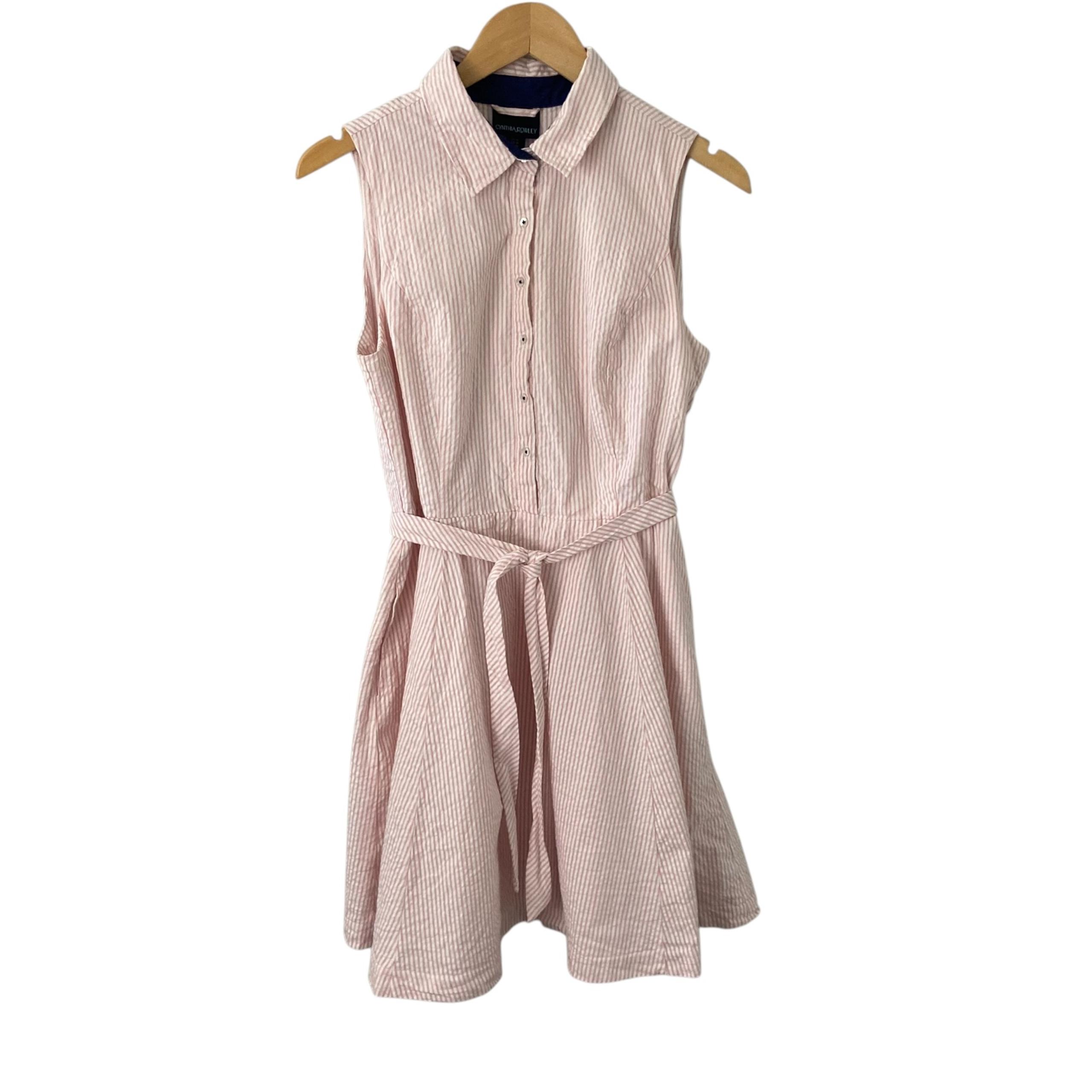 Cynthia Rowley Pink White Stripe Seersucker Dress Sleeveless Belted Preppy Sz 10