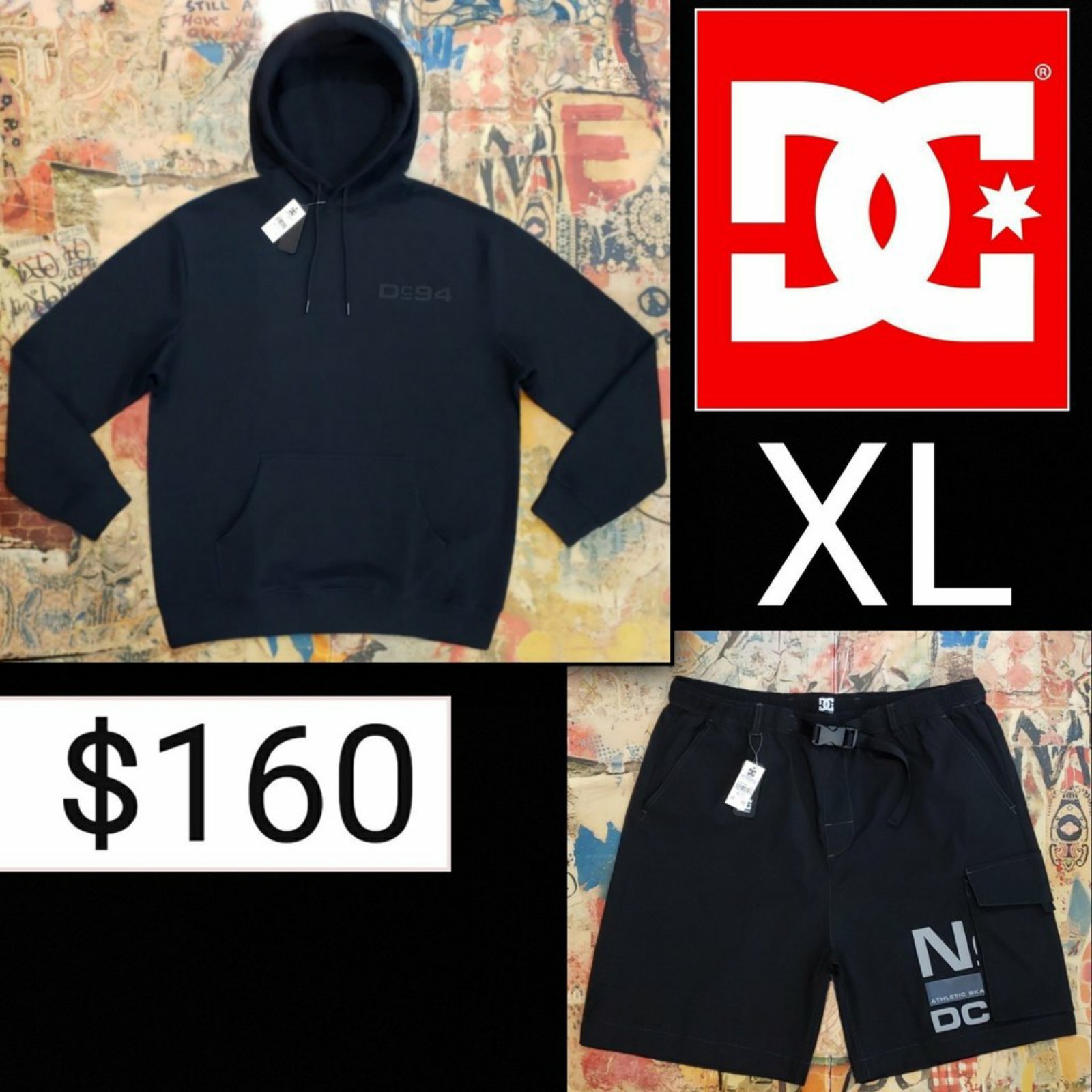 SET: 160 New DC SHOES Mens 1994 Premium Hoodie + Cargo Shorts! XL
