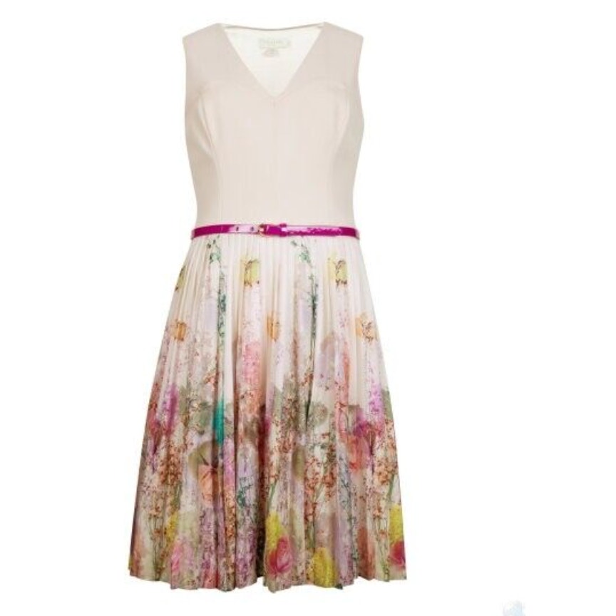 Ted Baker White Floral Pleated Dress SMALL Romantic Designer Fit Flare Rare 350