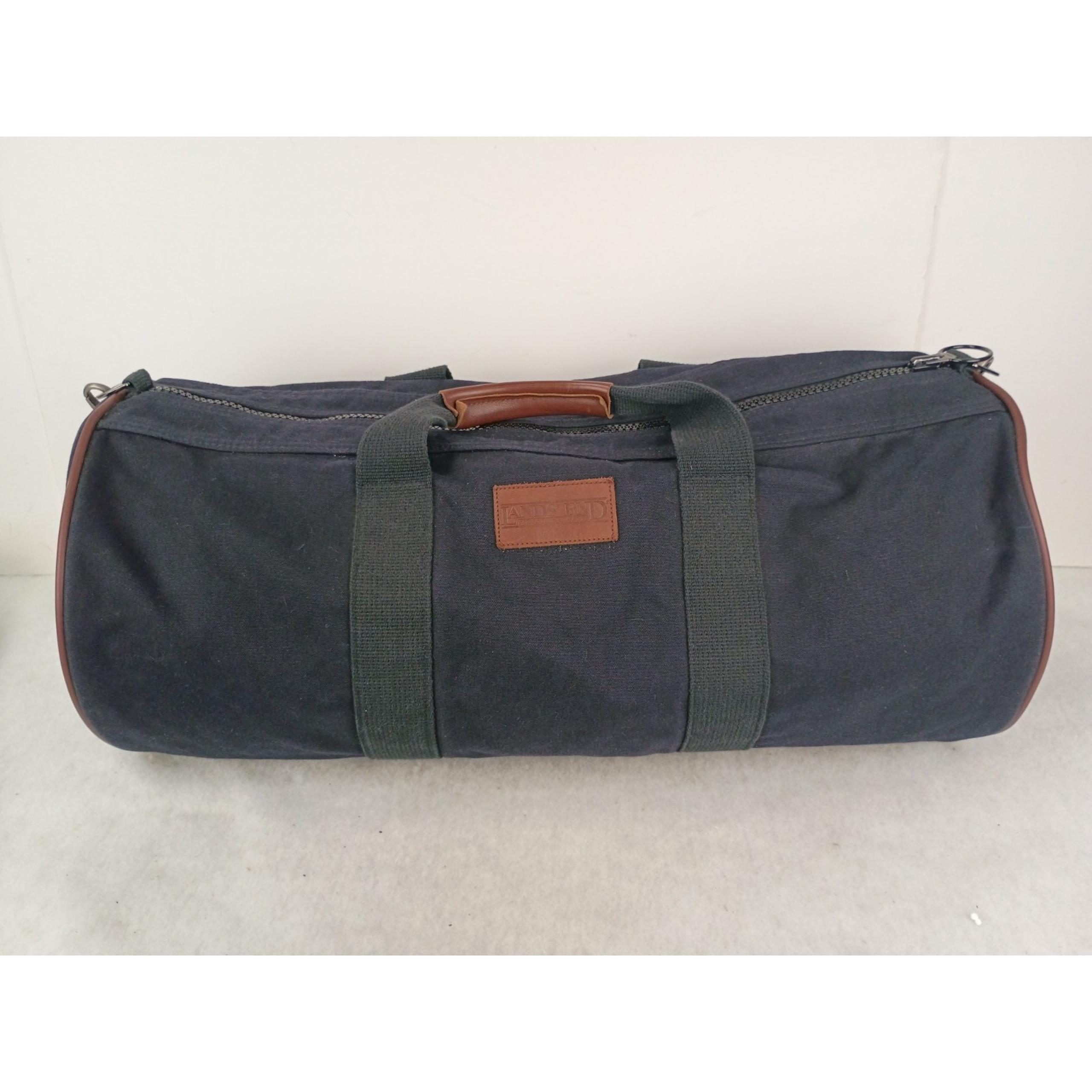 Vintage Lands' End Canvas Duffel Bag Made in USA Black Leather Trim 40674 22x10