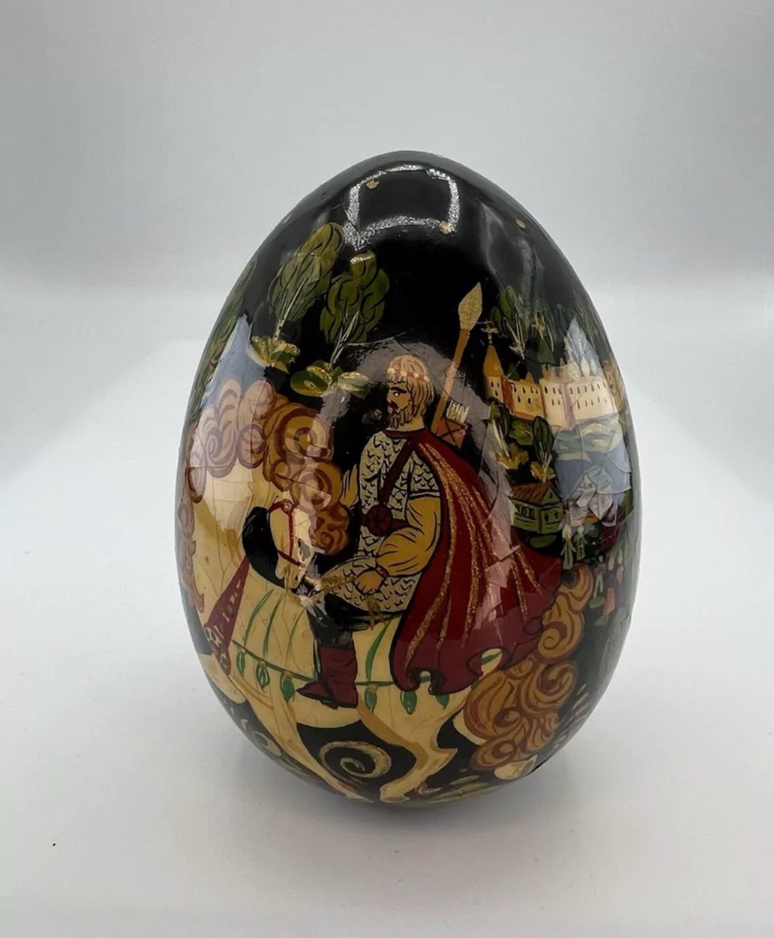 Russian Wooden Egg Hand Painted Lacquer Fairytale Scene Signed Vintage Glossy