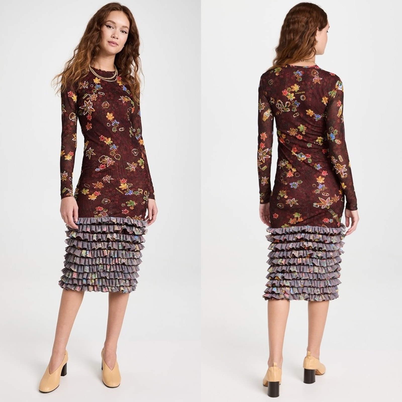 Nwt MOLLY GODDARD Nanette Floral Printed Mesh Midi Dress Brown Sz 8 US