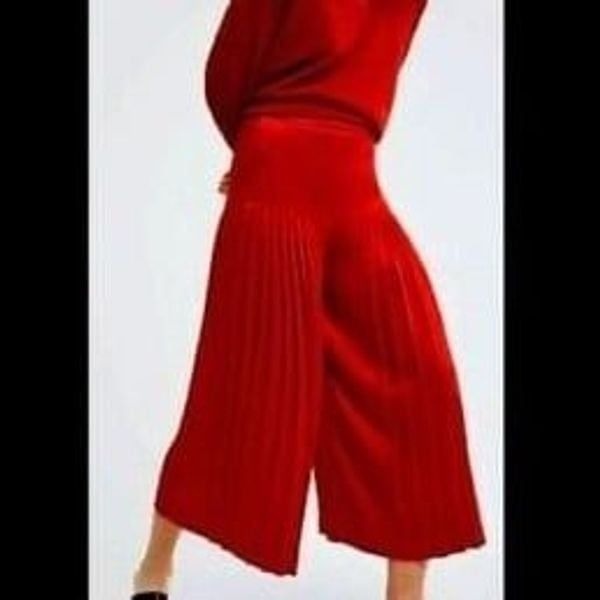 ZARA | Wide Leg Pleated Culottes Cropped Pants Red High Rise Women’s Size Medium