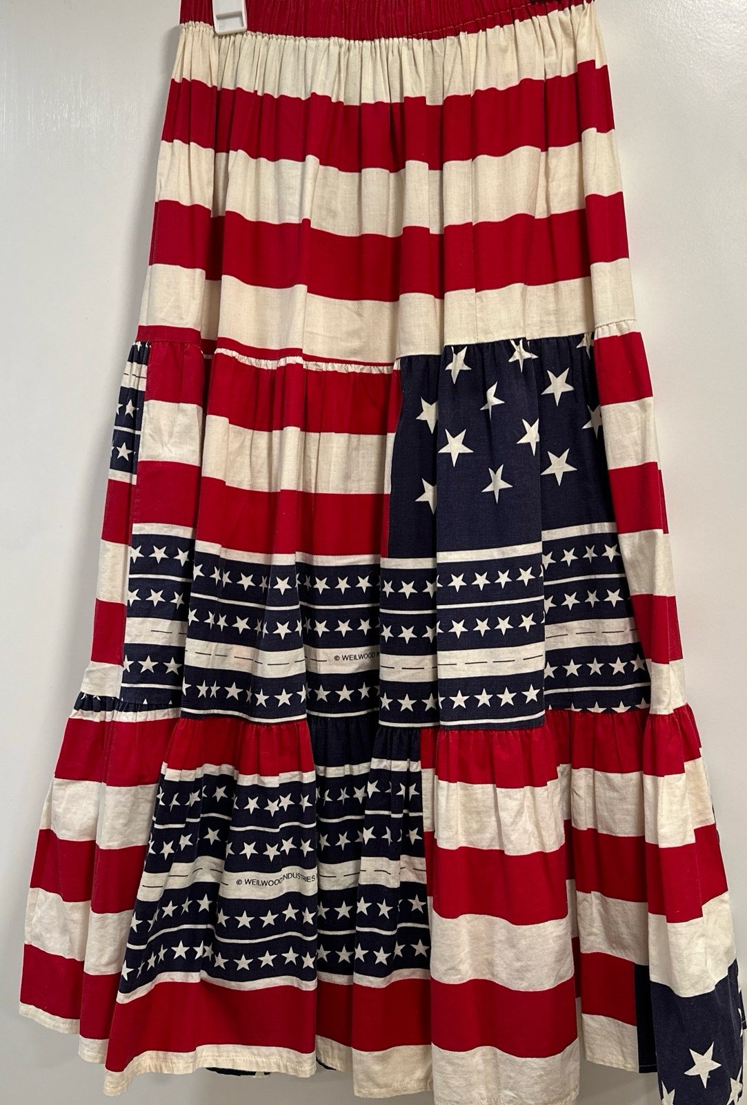 Vintage Prairie Sage, Red, White & Blue Gathered long Modest Skirt Sz M. 100% Co