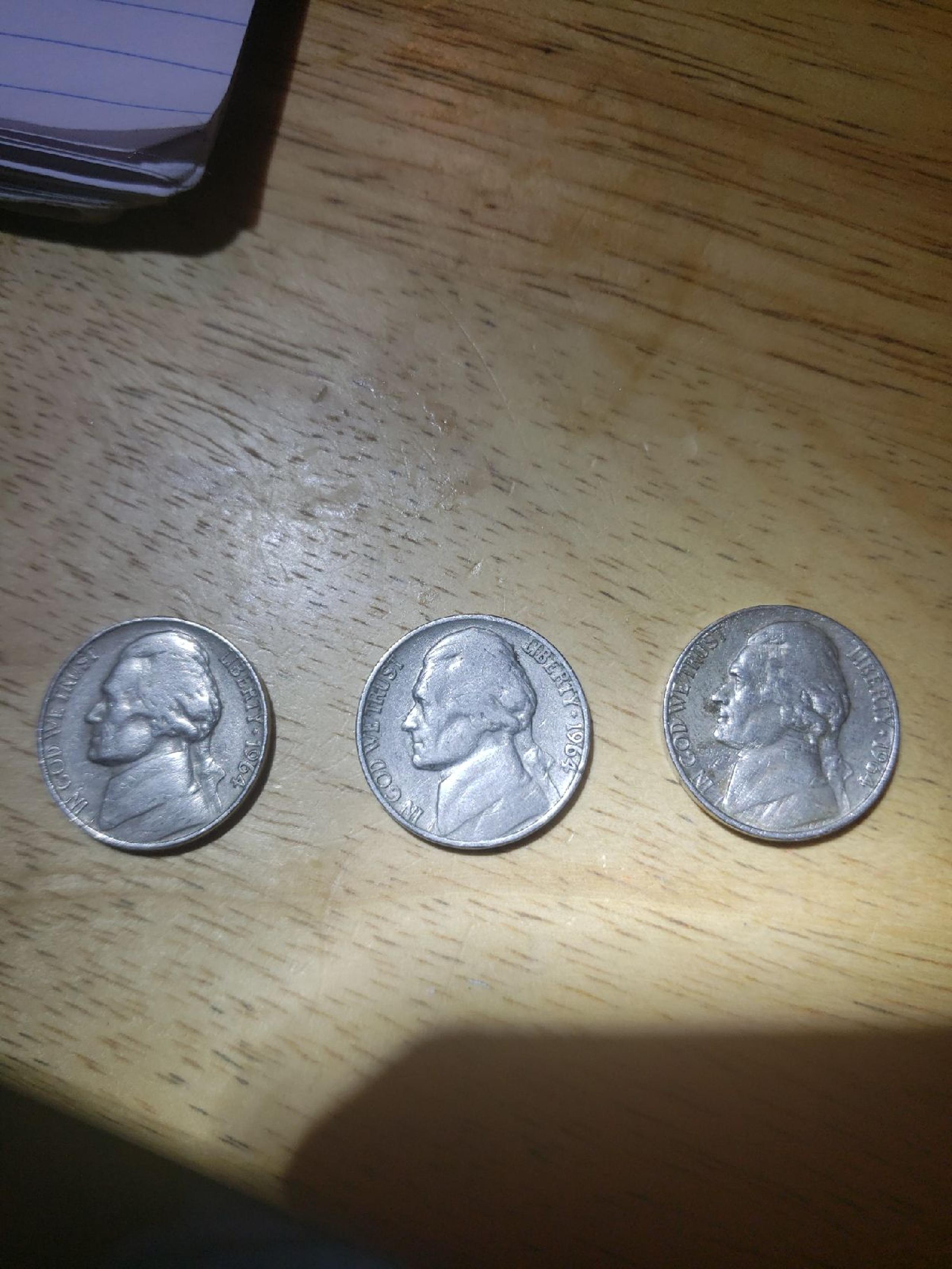 1964 D 2 coins and regular 1964 nickel