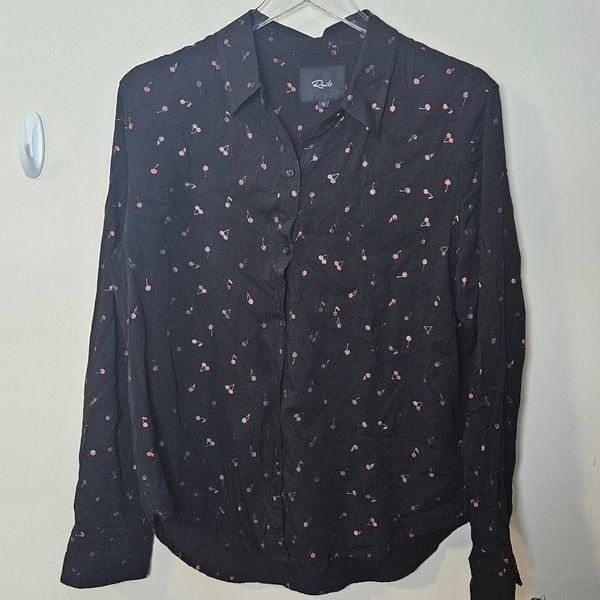 RAILS Women’s KATE Novelty Cherry Print Shirt Black Button Down Blouse Top Small