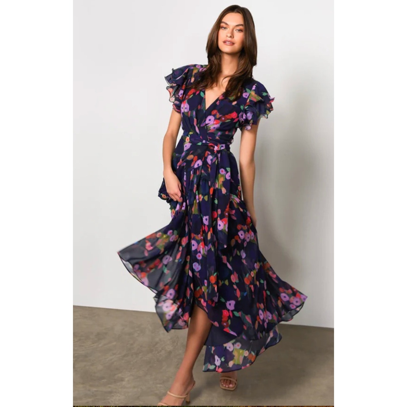 Hutch Zola Ruffle Sleeve Wrap Dress Navy Whimsy Watercolor Floral Sz Small NWOT