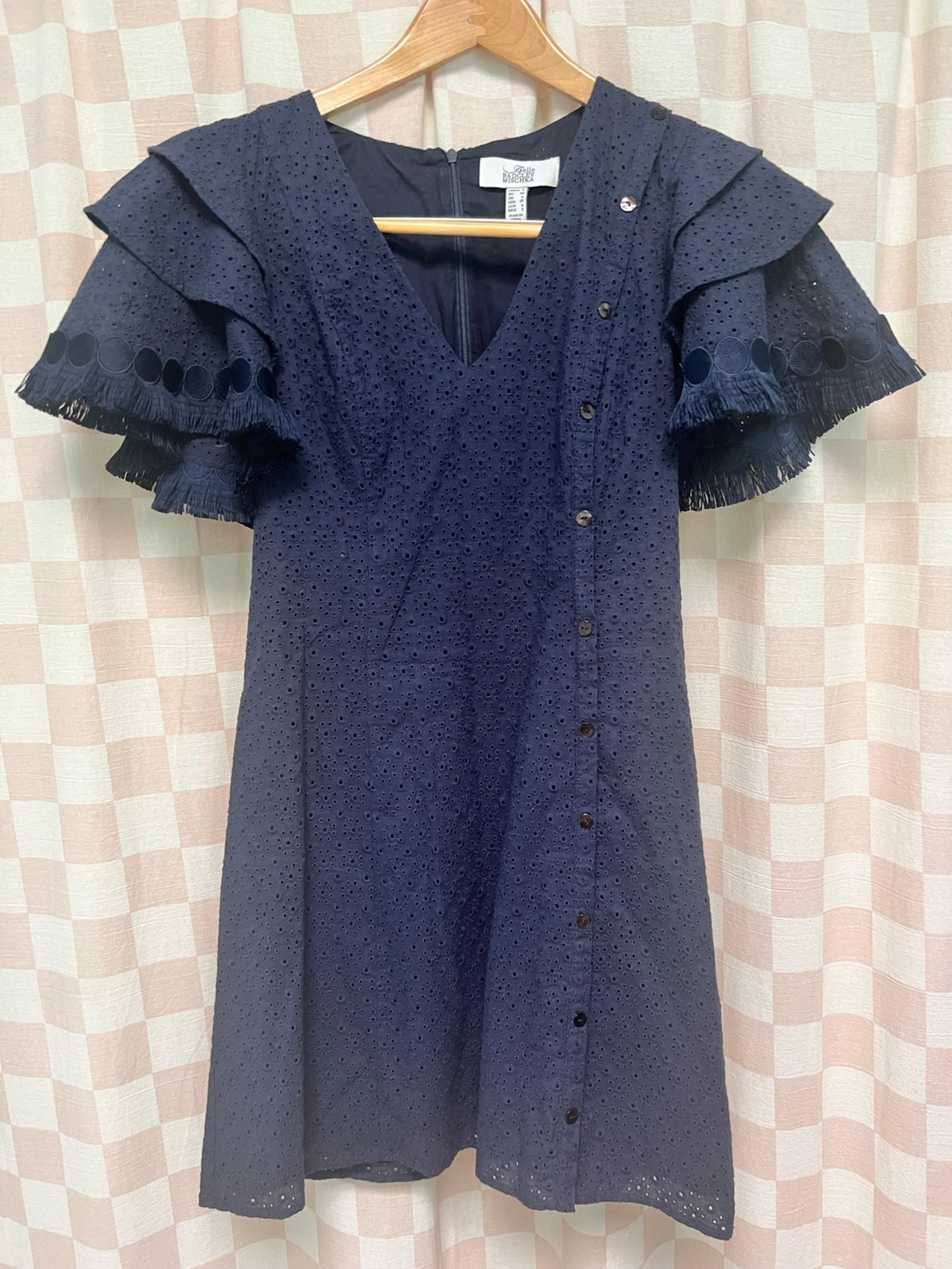 Belle Badgley Mishka Women’s Navy Blue Ruffle Eyelid Dress