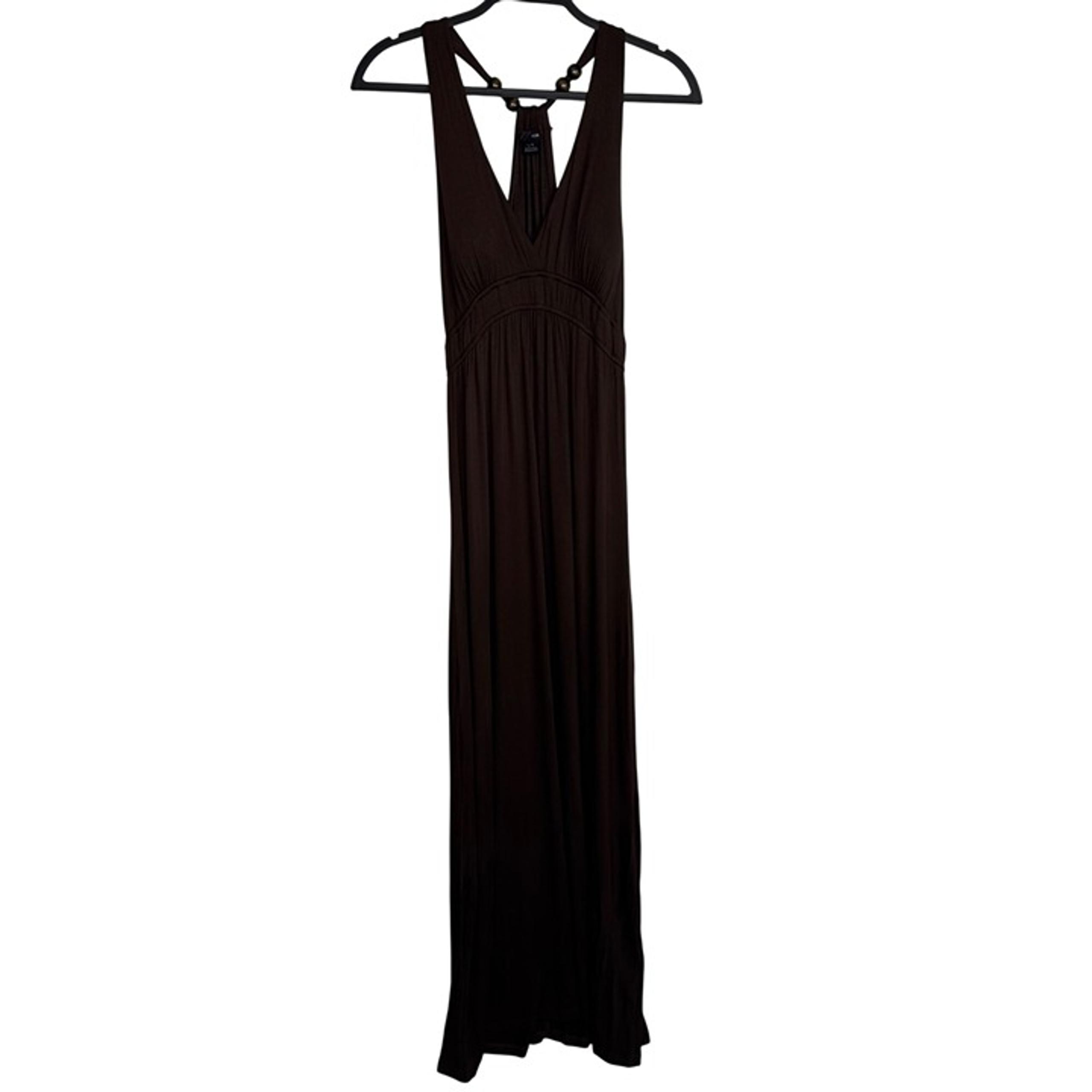 VTG Y2K Boho F21 Brown Stretchy Maxi Dress Chunky Wood Beads Halter Neck Size L