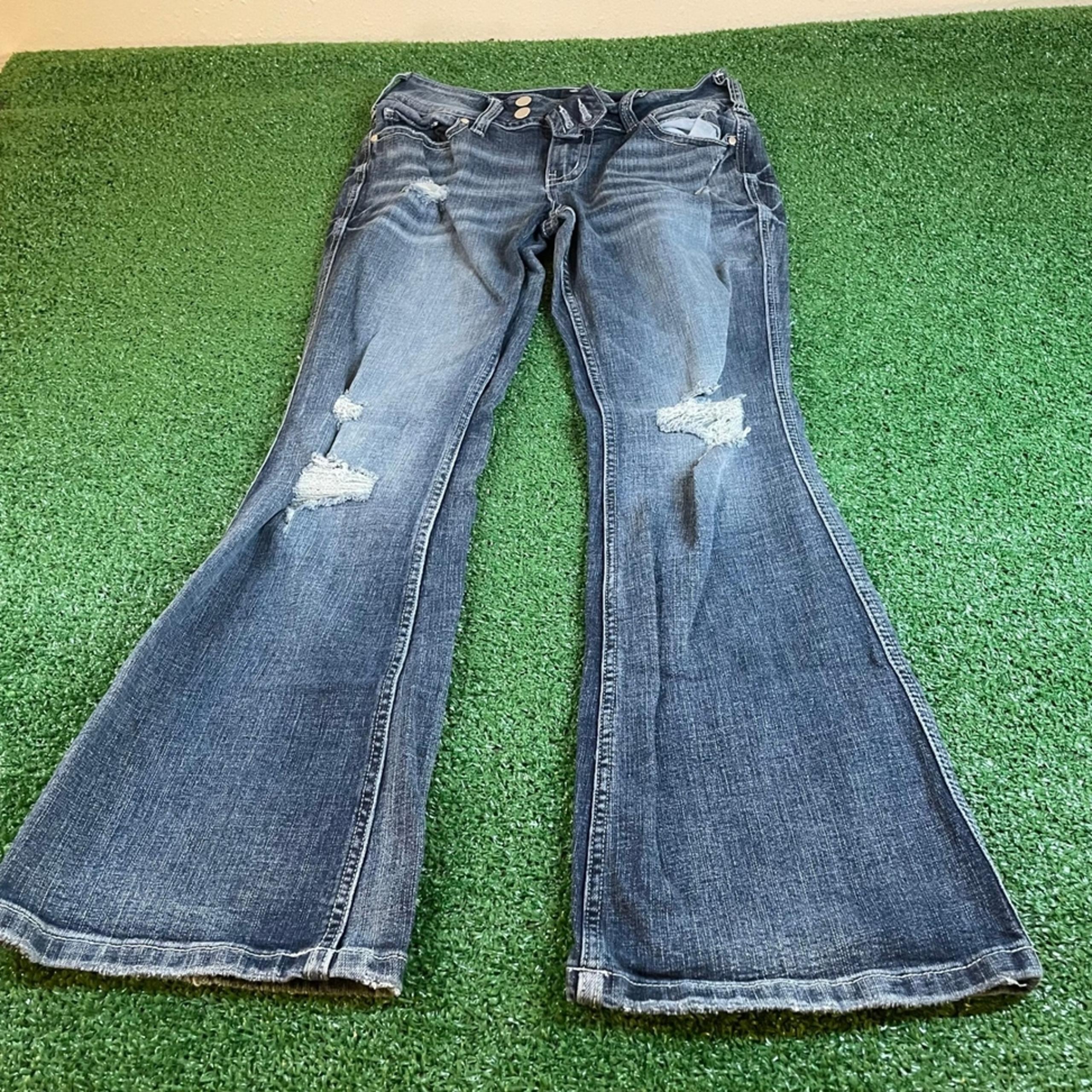 Flamingo Distressed Flare Leg Jeans Dark Wash Denim Trendy Casual Womens Small