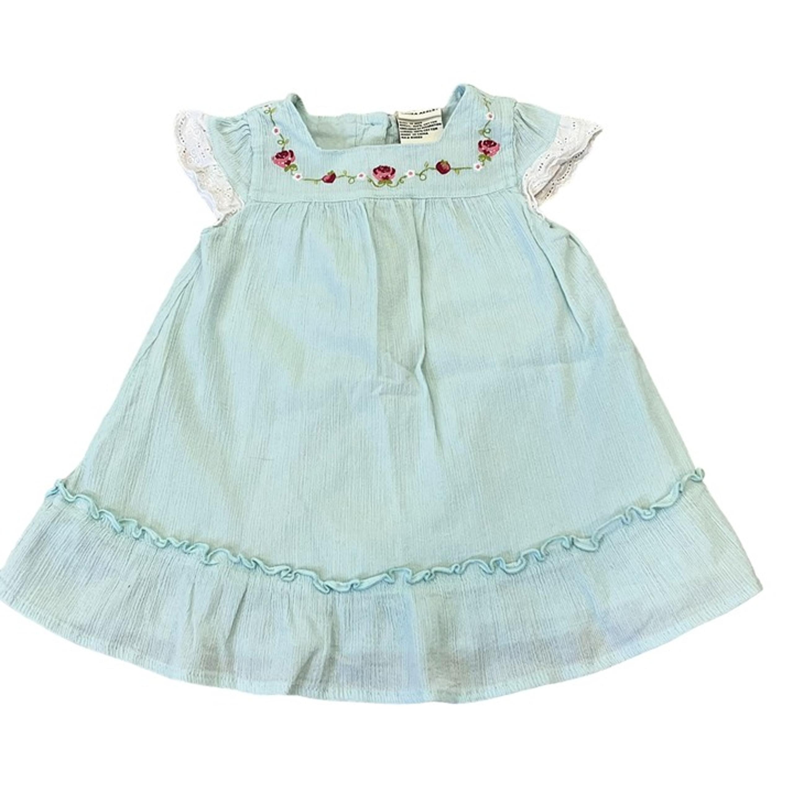 Laura Ashley 12 Months Strawberry Blue Gauze Cotton Lace Trim Dress