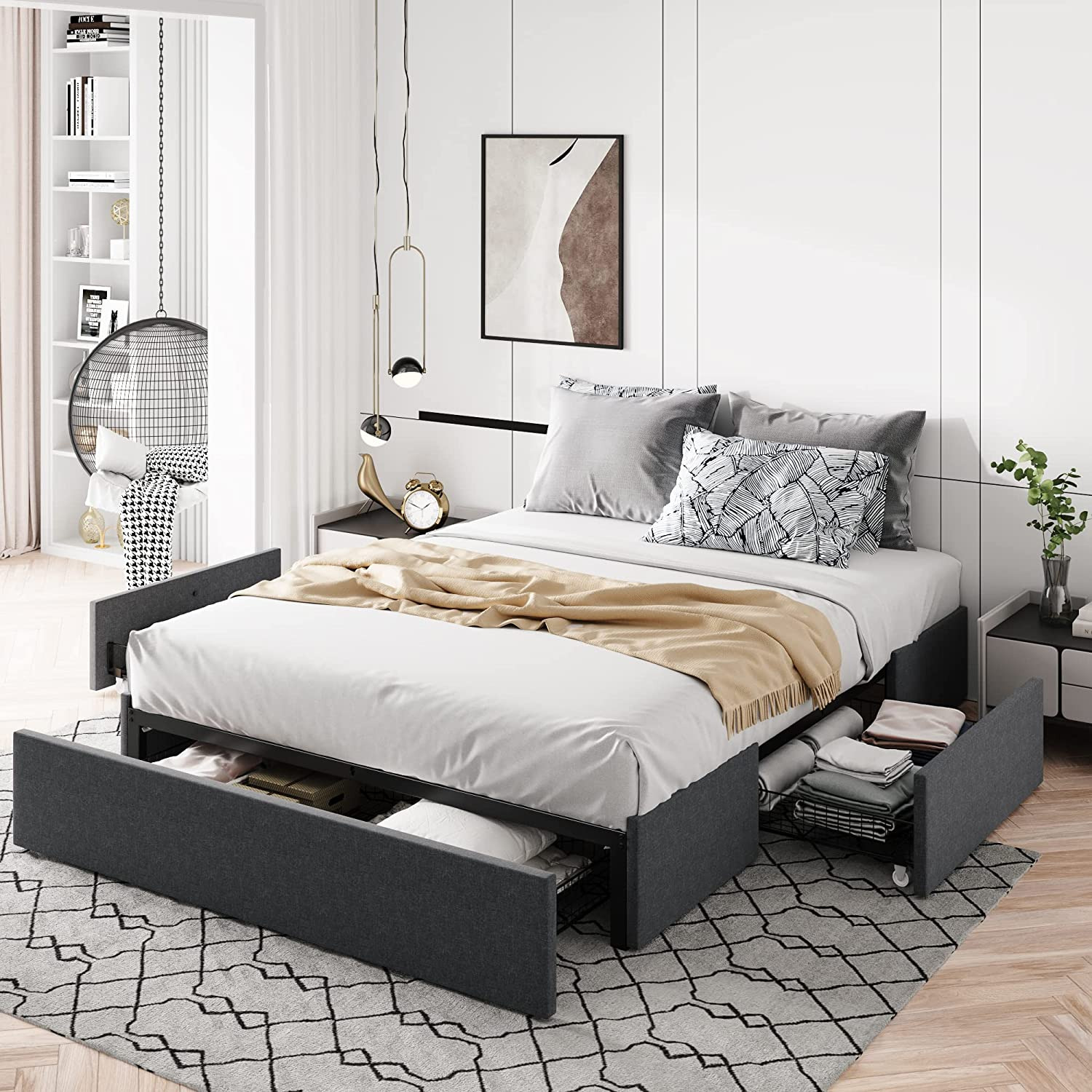 Queen Size Platform Bed Frame with 3 Storage Drawers Fabric Upholstered Slats