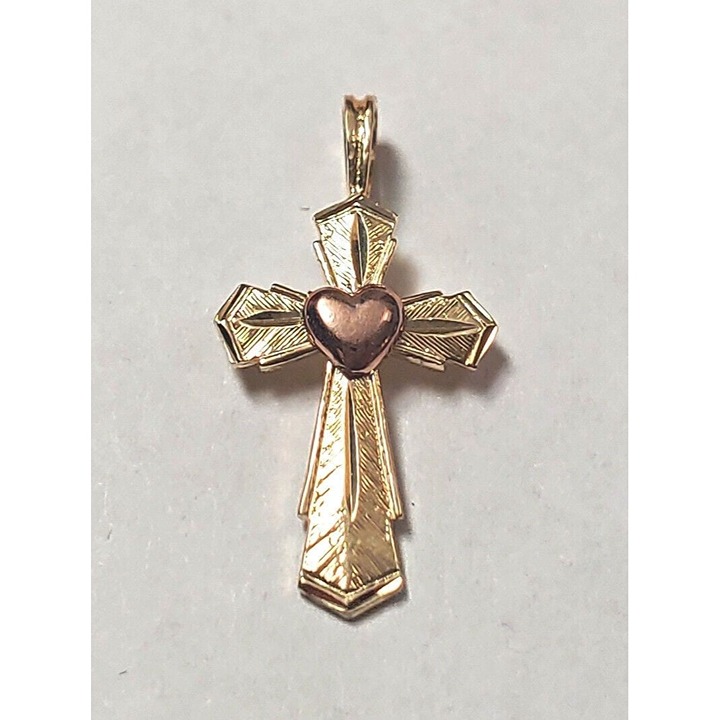 New 2 Tone 14k Gold Cross with Heart Charm Pendant