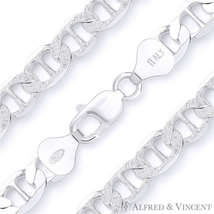10mm Marina / Mariner Pave Link Chain Necklace in .925 Sterling Silver - 22 