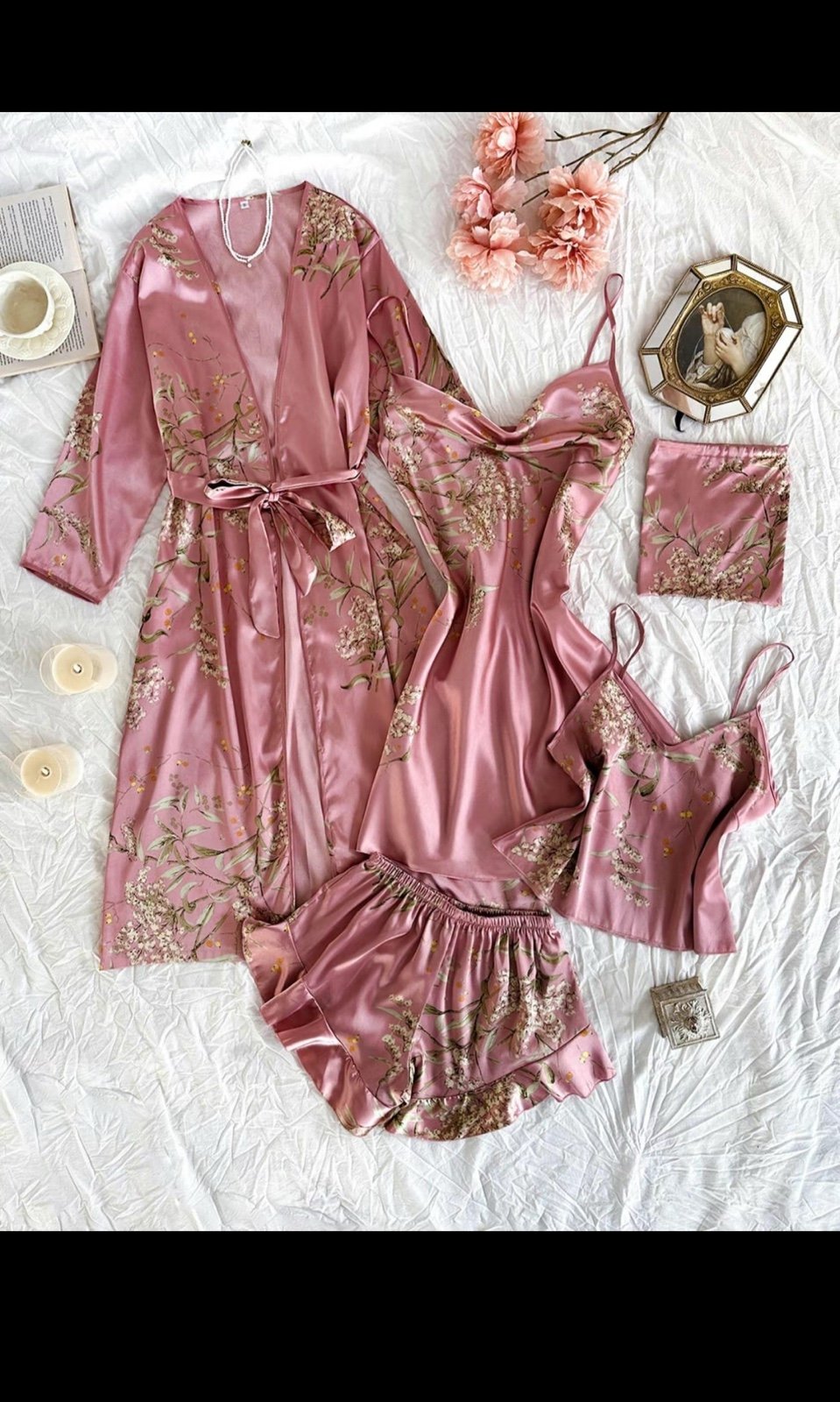 Women’s 5 piece pink silk set pajama set