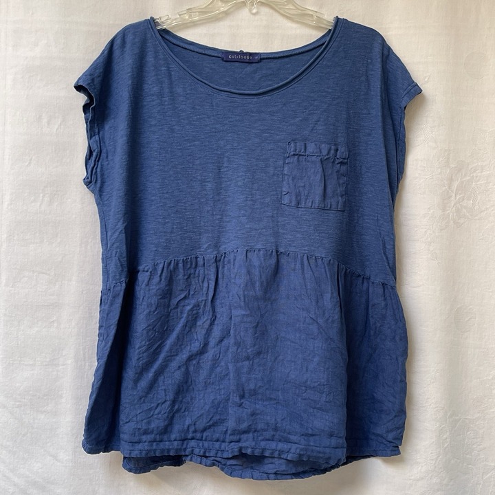 Cut Loose Linen Blouse Womens Large Blue USA Made Boho Lagenlook Beach Classic