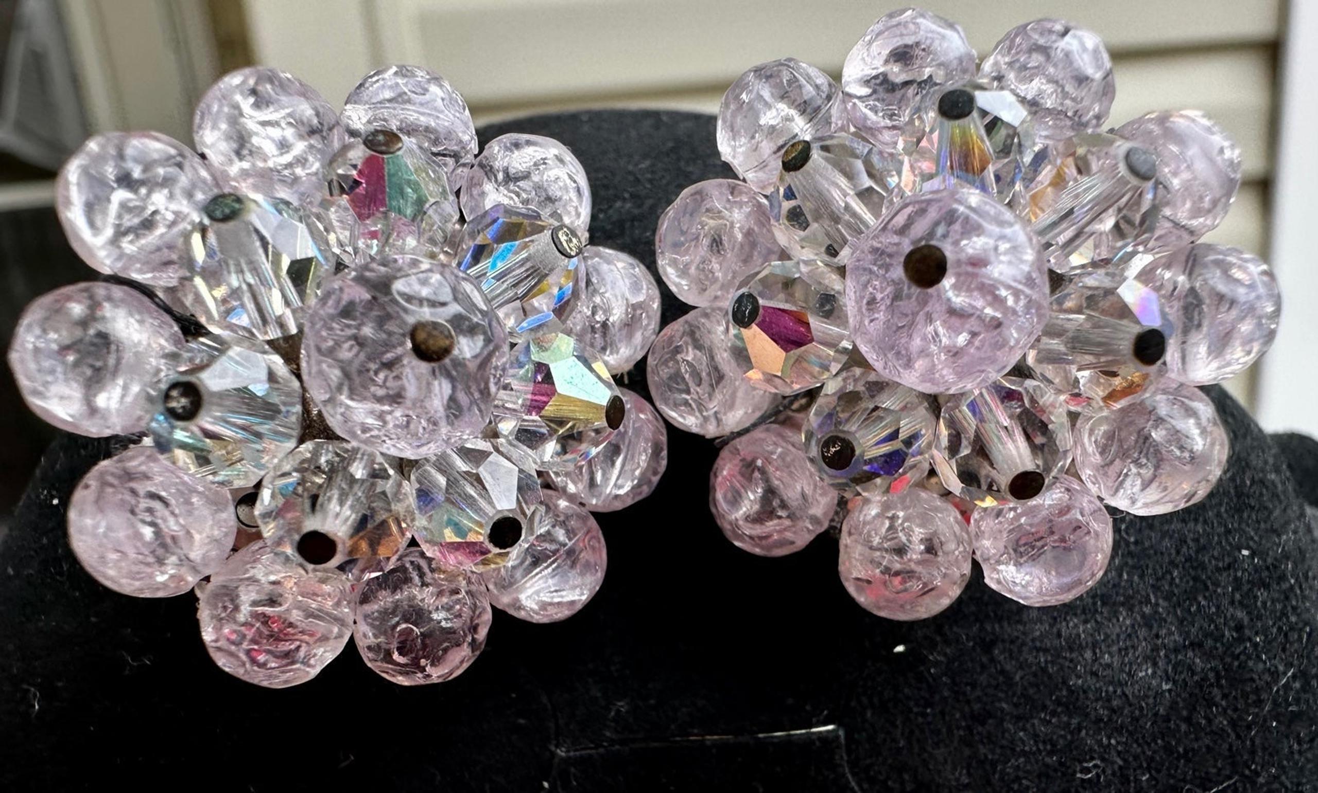 Vintage Laguna Pink Aurora Borealis Crystal FlowerCluster ClipOn Silver Earrings