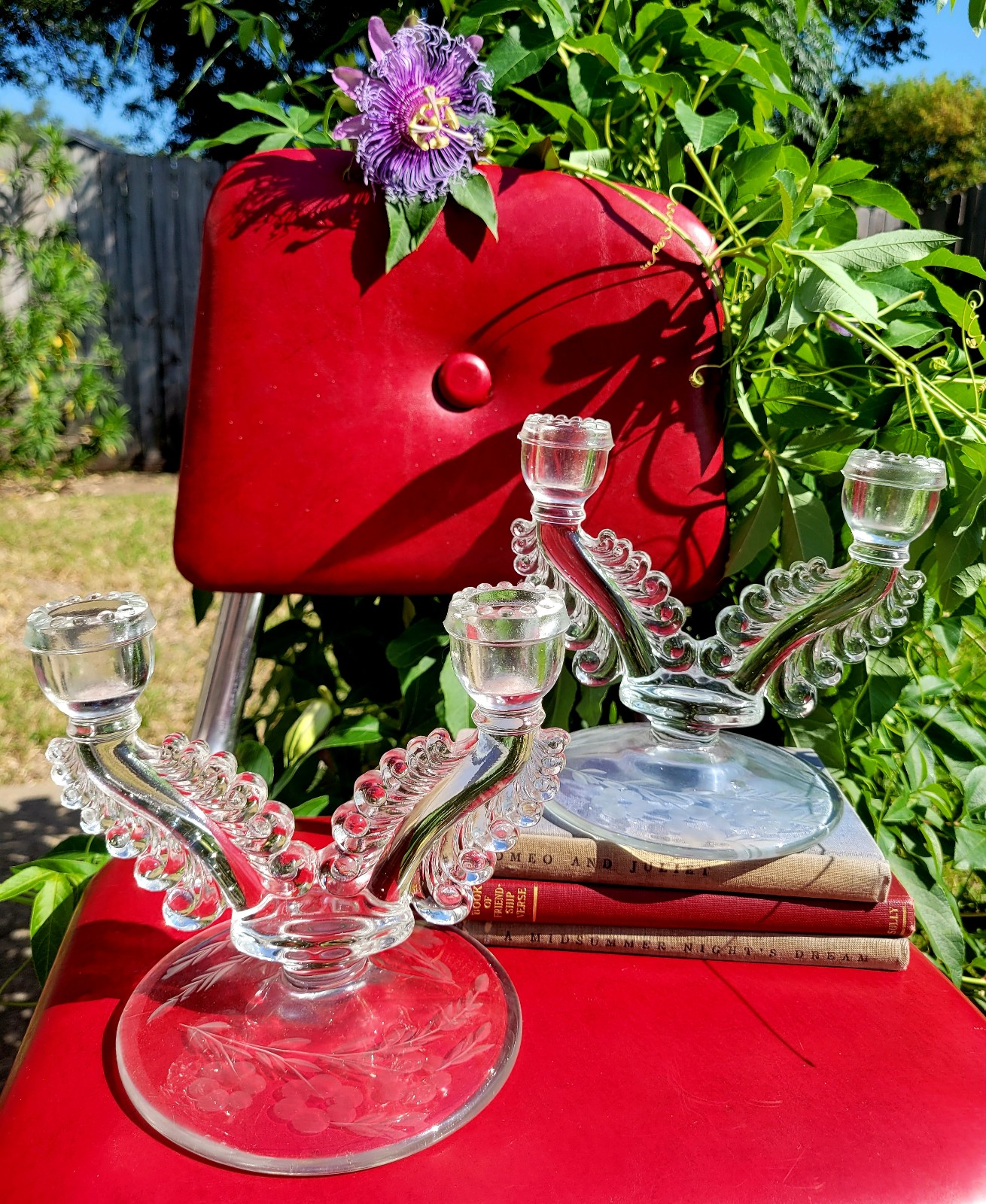 Pair of vintage depression Era Susquehanna crystal double candlestick holders