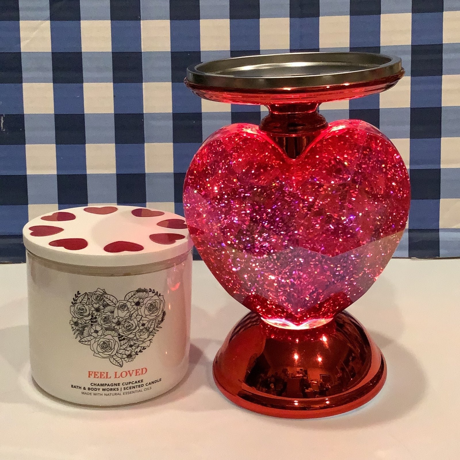 BBW Red Heart Water Globe Pedestal & Feel Loved Candle