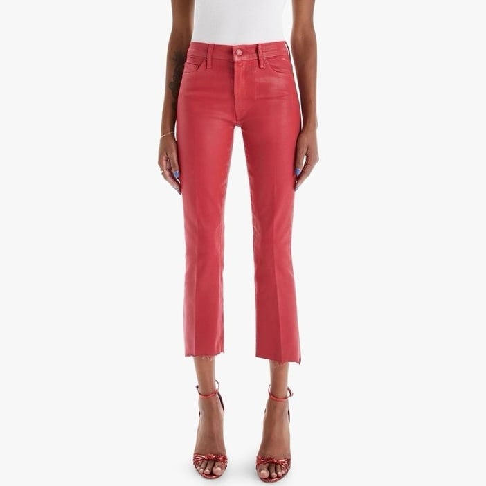 Mother Red Shimmer Coated Fringe Step Hem High Waist Bootcut Cropped Jeans 27
