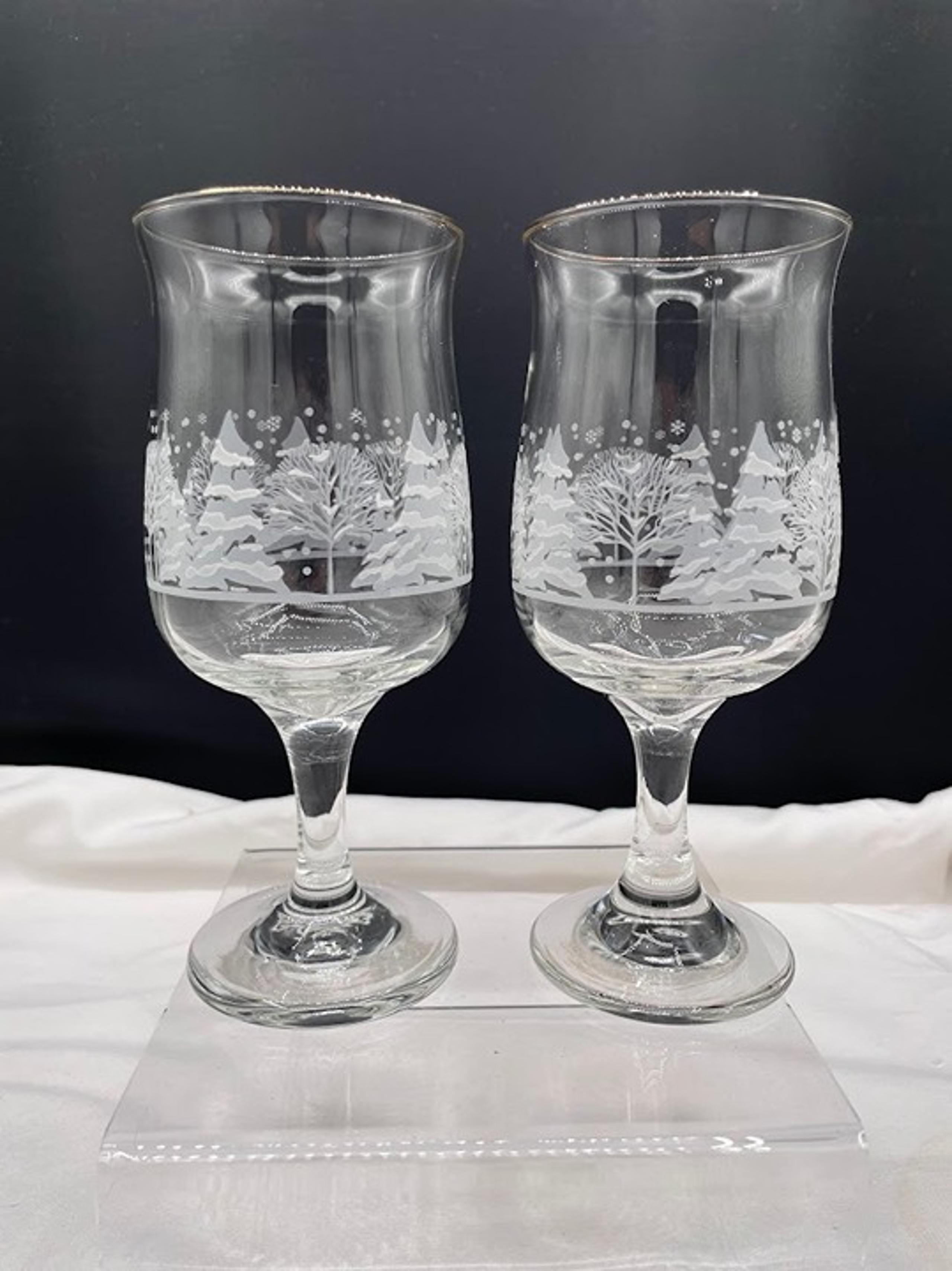 Pair Libbey Arby's Winter Wonderland Frosted Wine Glasses Water Goblets