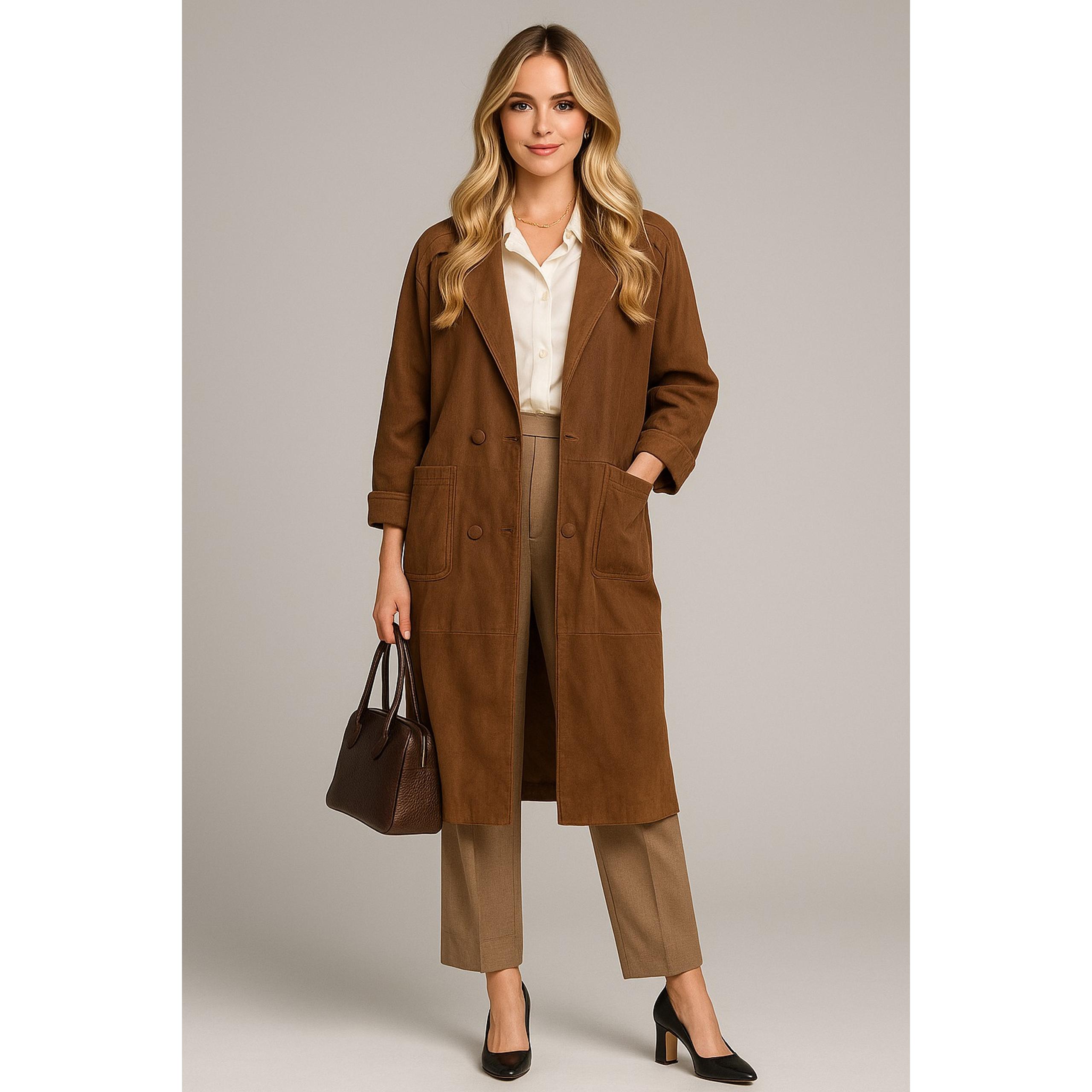 Wilson's Leather Trench Coat Womens M Brown Western 2 Pc Vest Jacket VTG 90s Y2K