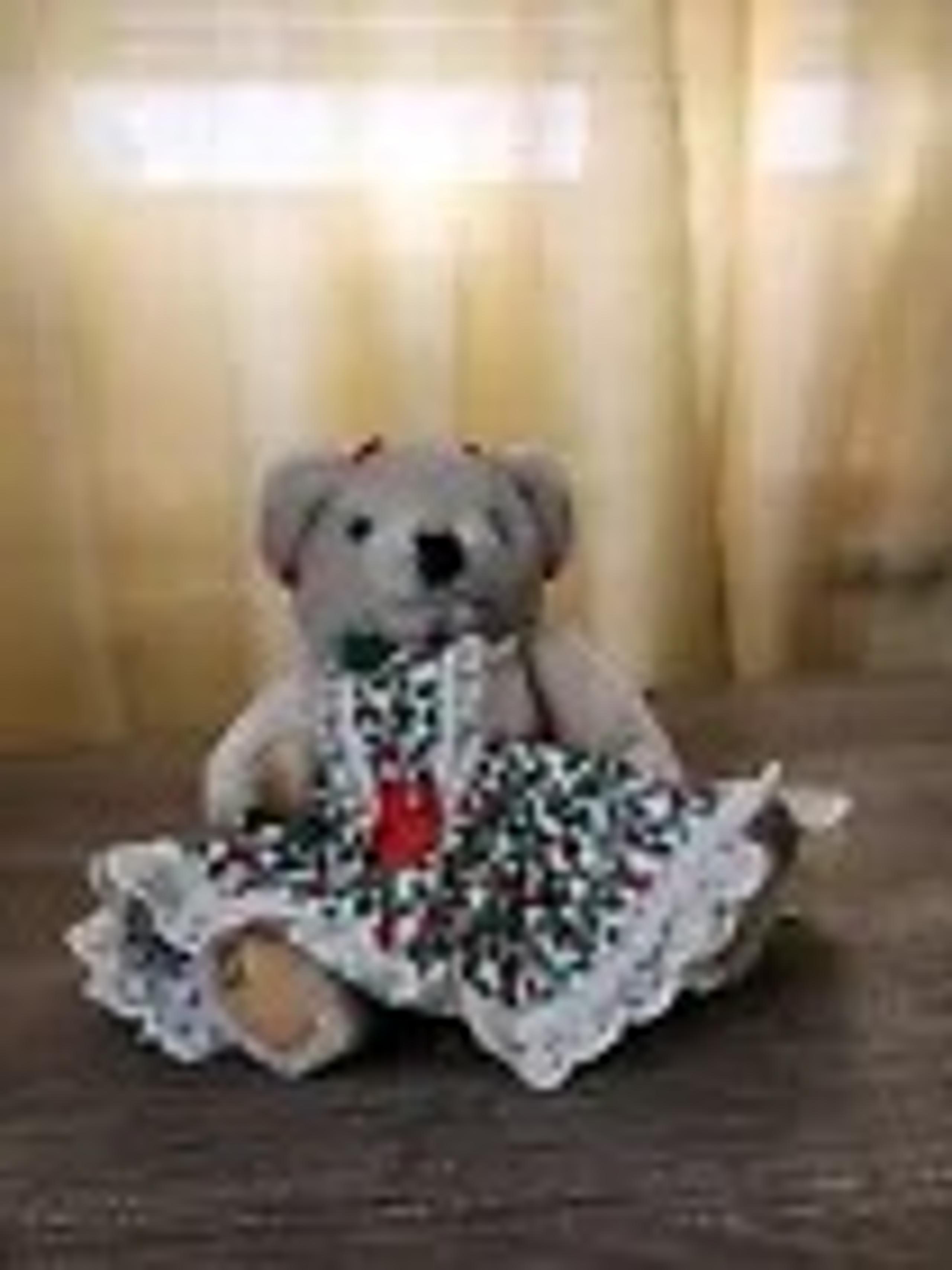 Vintage Jointed Teddy Bear in Victorian Style Green Lace Dress Unbranded 13"