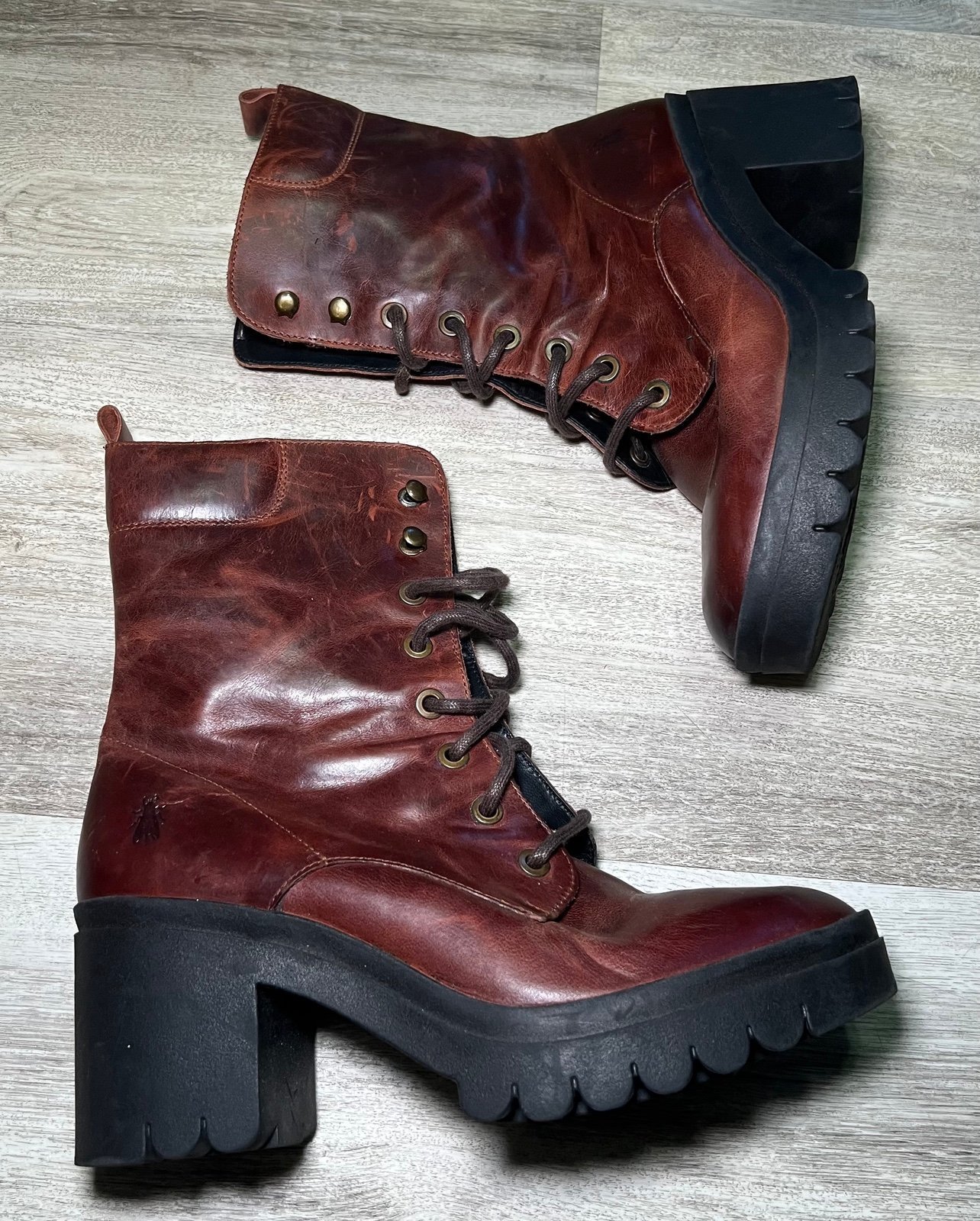 Fly London Burgundy Leather Combat Boots Chunky Platform Heel Lace-Up Military