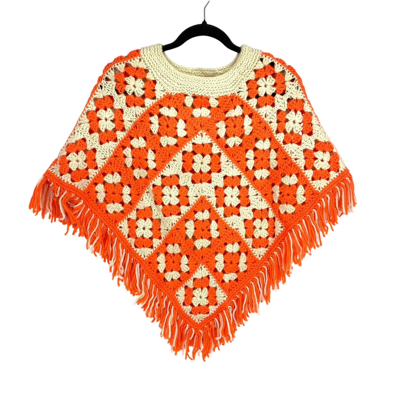 Vintage Handmade Crochet Poncho Womens XS/S Orange Cream Floral Fringe Trim