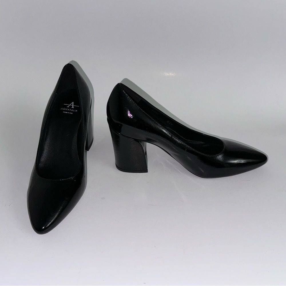 New AQUATALIA Leather Pump Block Heel Black Shoes Women's Size 5.5