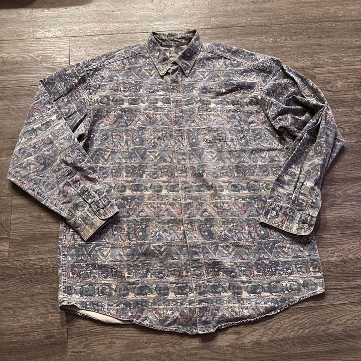 VTG LL-Bean Bohemian Aztec Denim Button Shirt XL Tall Chest-Pocket Ethnic USA