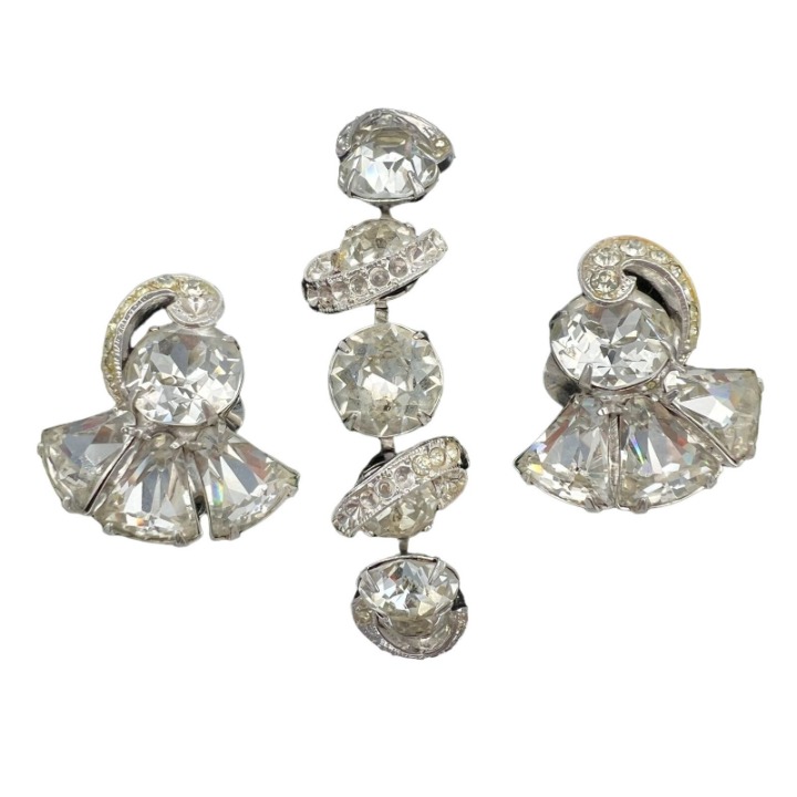Vintage Art Deco Silvertone and Crystal Bracelet Matching Clip-on Earrings #3254