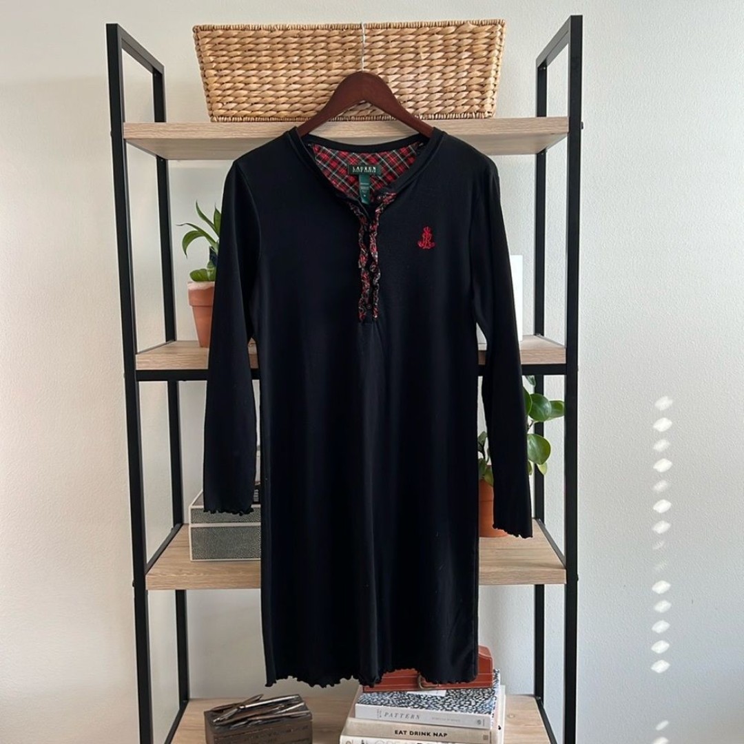 Lauren Ralph Lauren Cotton Rib Knit Sleep Dress w/Button Plaid Placket, M
