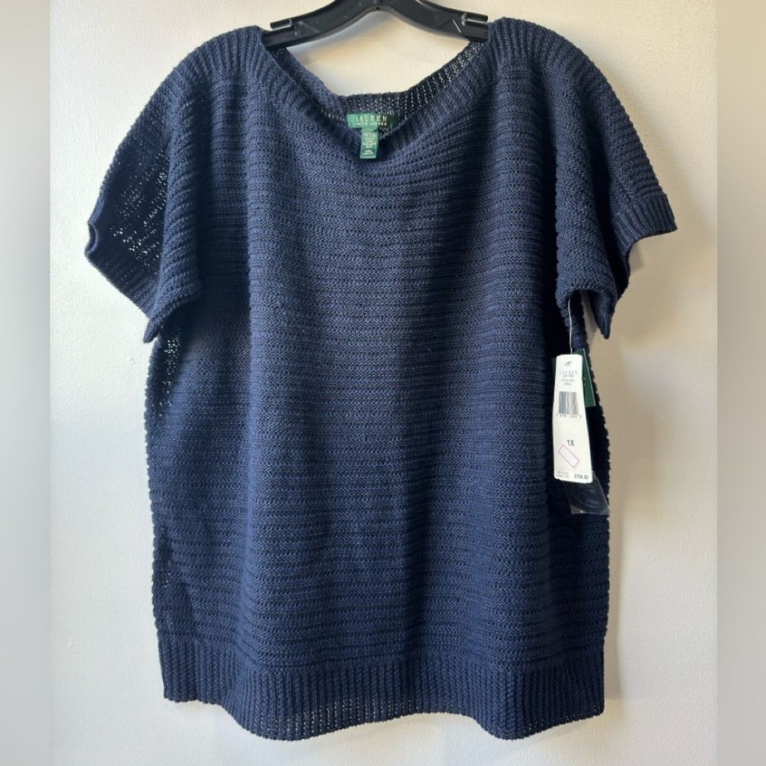 Lauren Ralph Lauren Women’s 100% Linen Short Sleeve Sweater Navy Knit Top Sz 1X