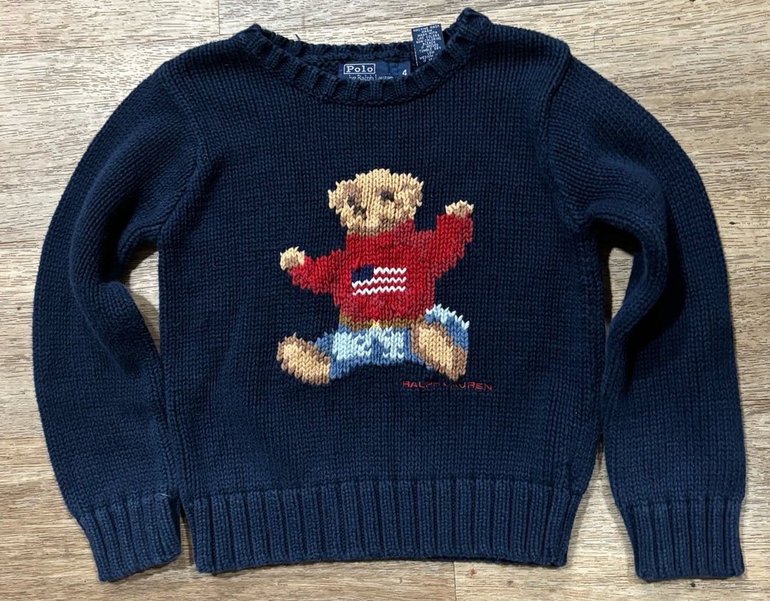 Vintage Polo Ralph Lauren Cotton Flag On Teddy Bear Sweater Kid's Size 4 Rare