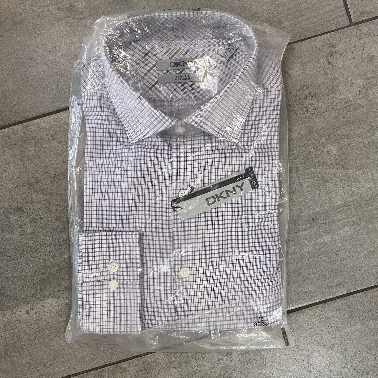 NWT DKNY Slim Fit Purple/White Checkered Long Sleeve Button Up Shirt Size L