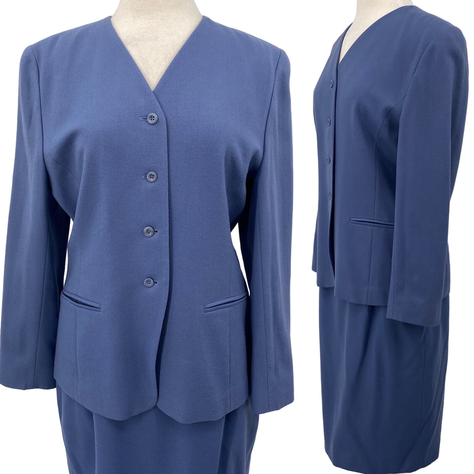 Vintage Pendleton Virgin Wool Skirt Suit Set Collarless Blazer Powder Blue 12