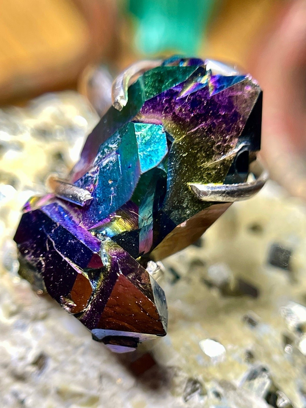 Titanium Aura Quartz Cluster Sterling Silver Ring-SIZE 8