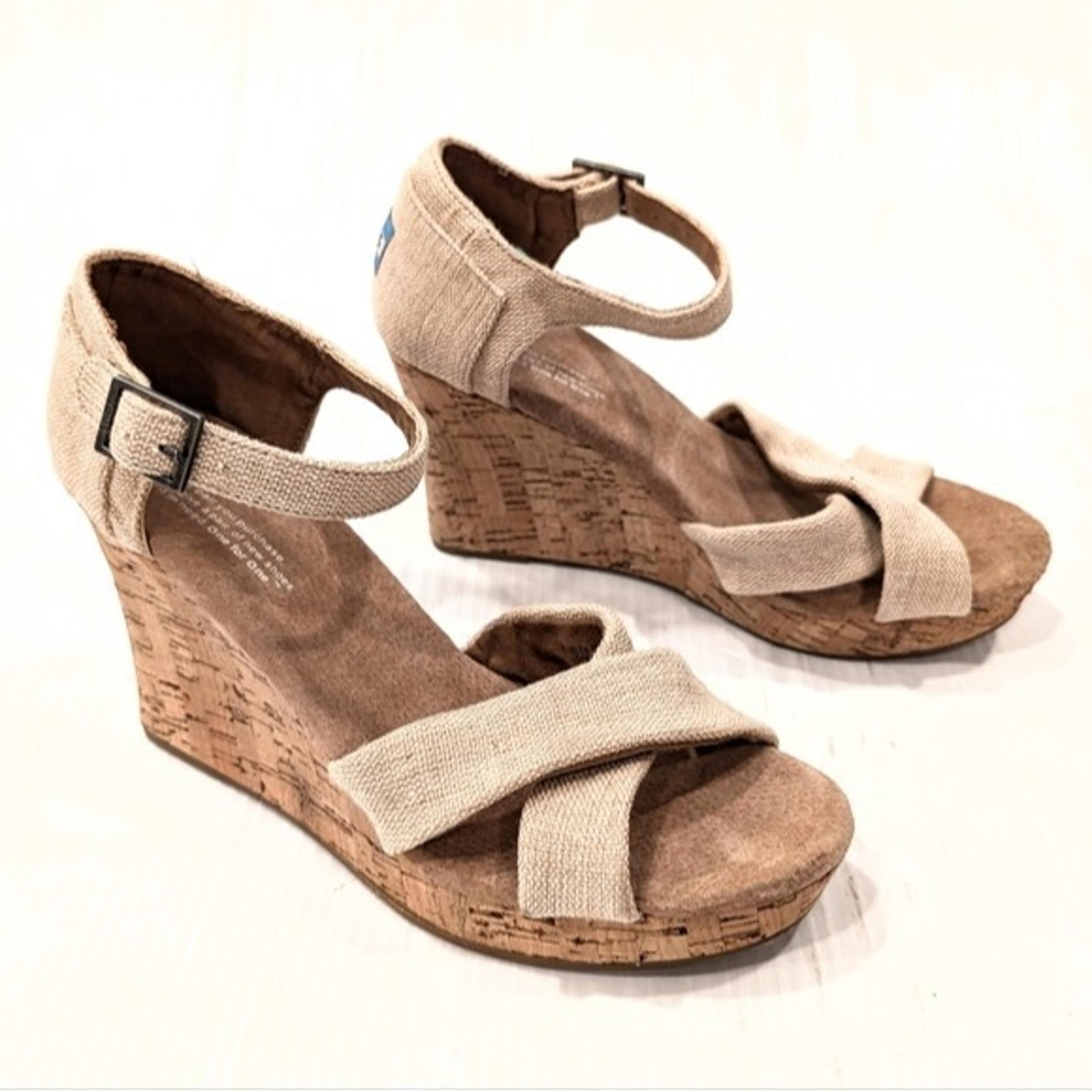 TOMS Sienna women's tan canvas cork wedge heel sandals size 8.5